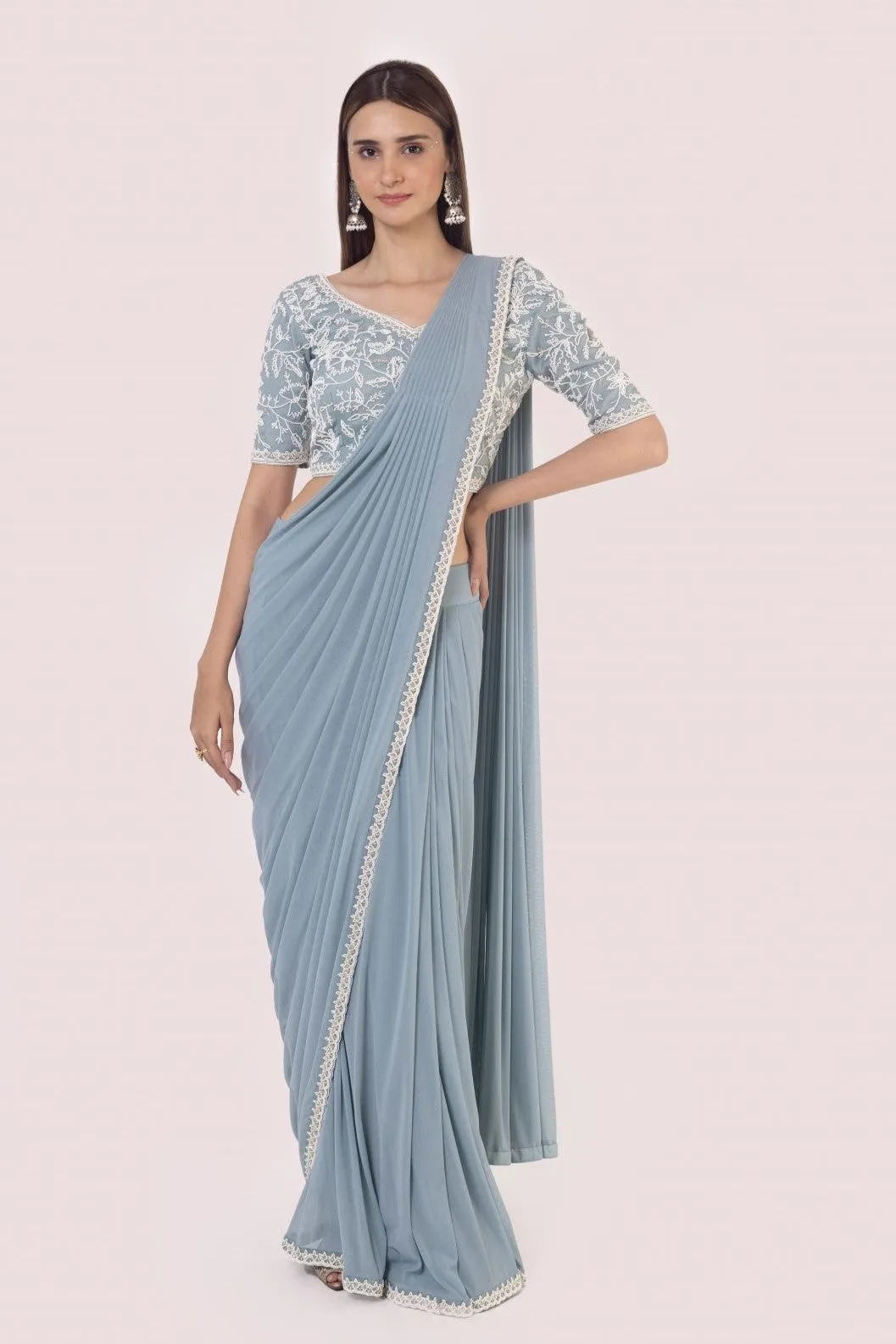 90Z884-RO Blue Moti Work Net Saree Set