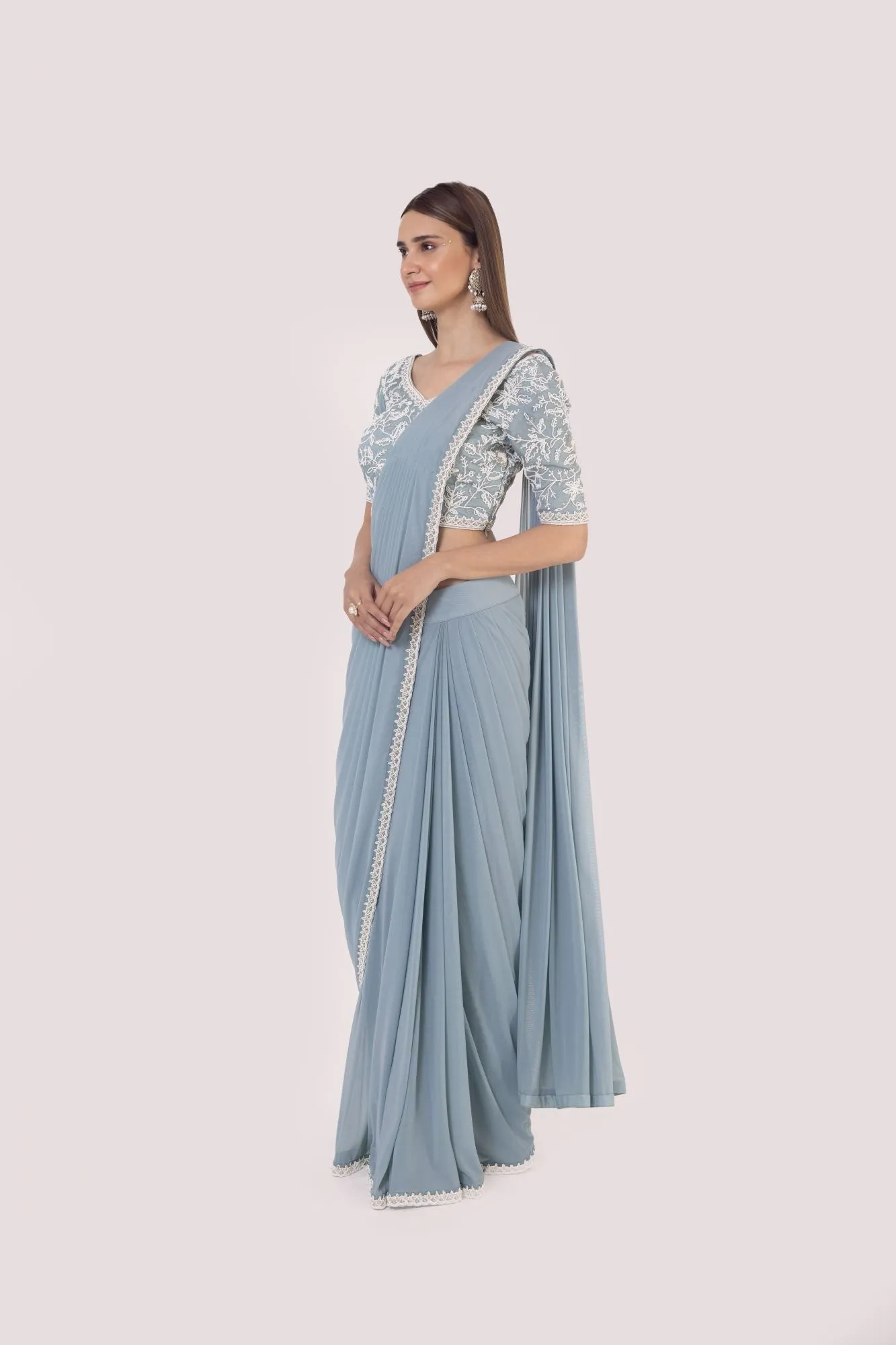 90Z884-RO Blue Moti Work Net Saree Set