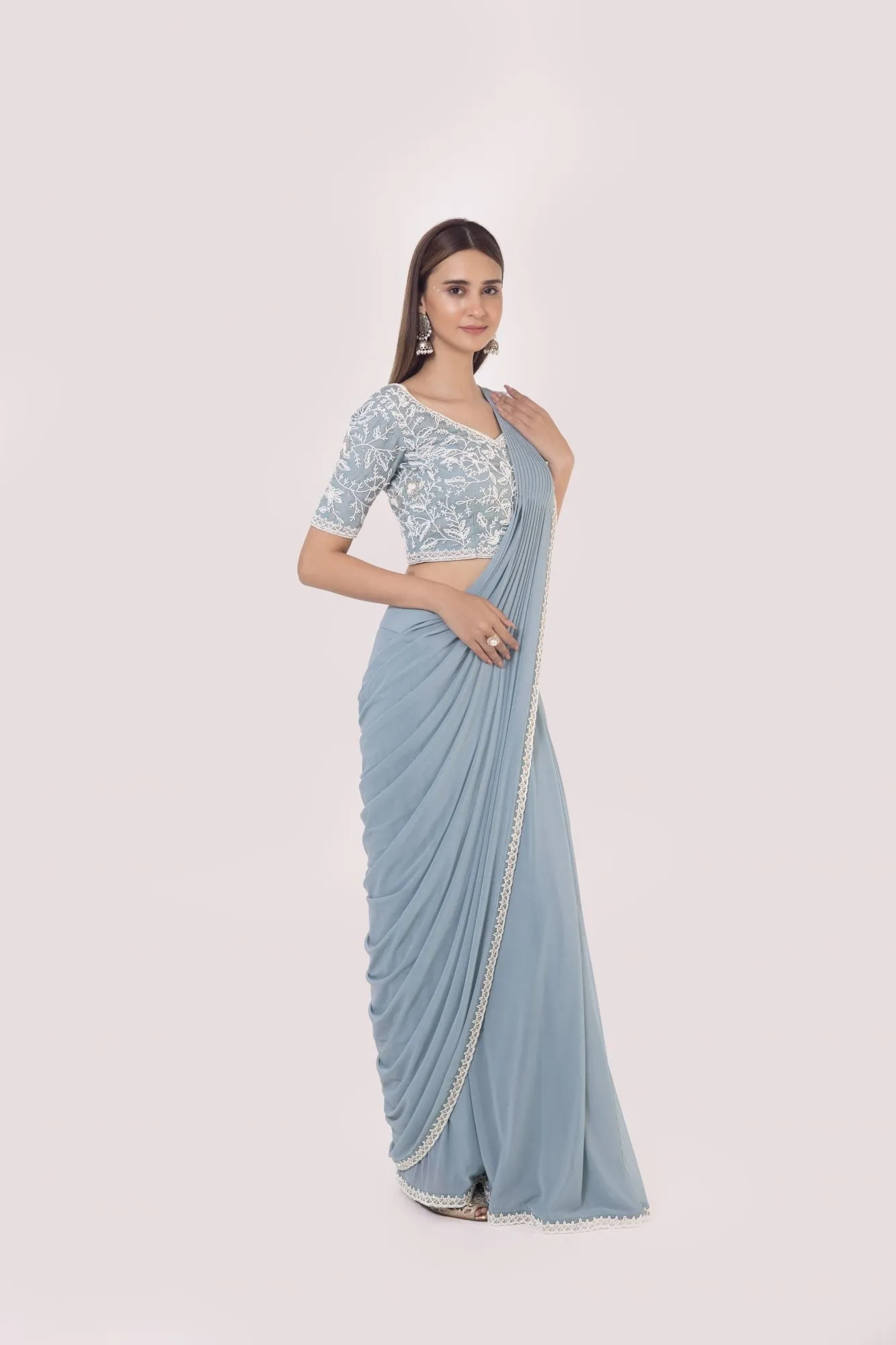 90Z884-RO Blue Moti Work Net Saree Set