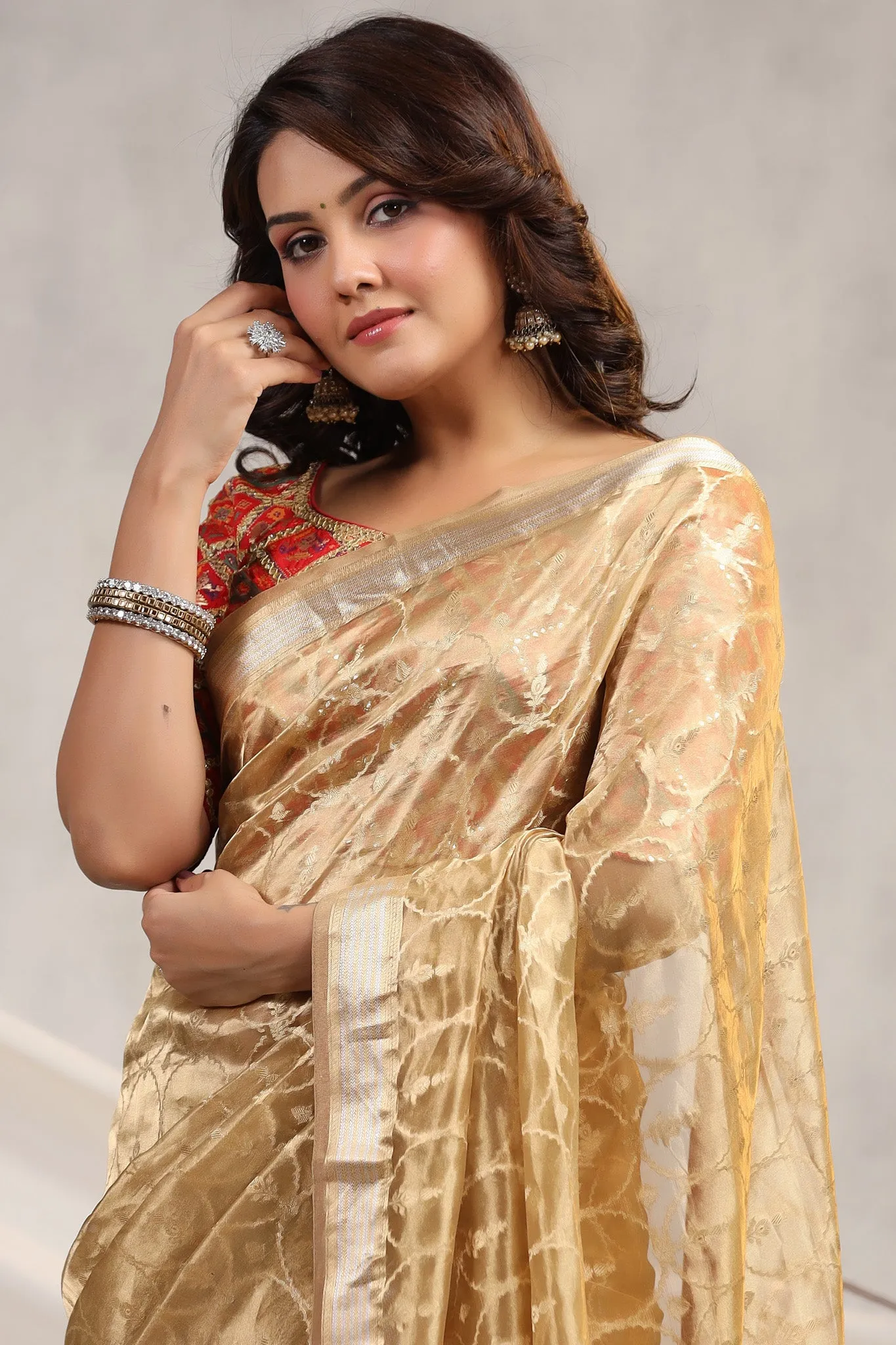 91Z197-RO Golden Silk Organza Saree with Red Saree Blouse