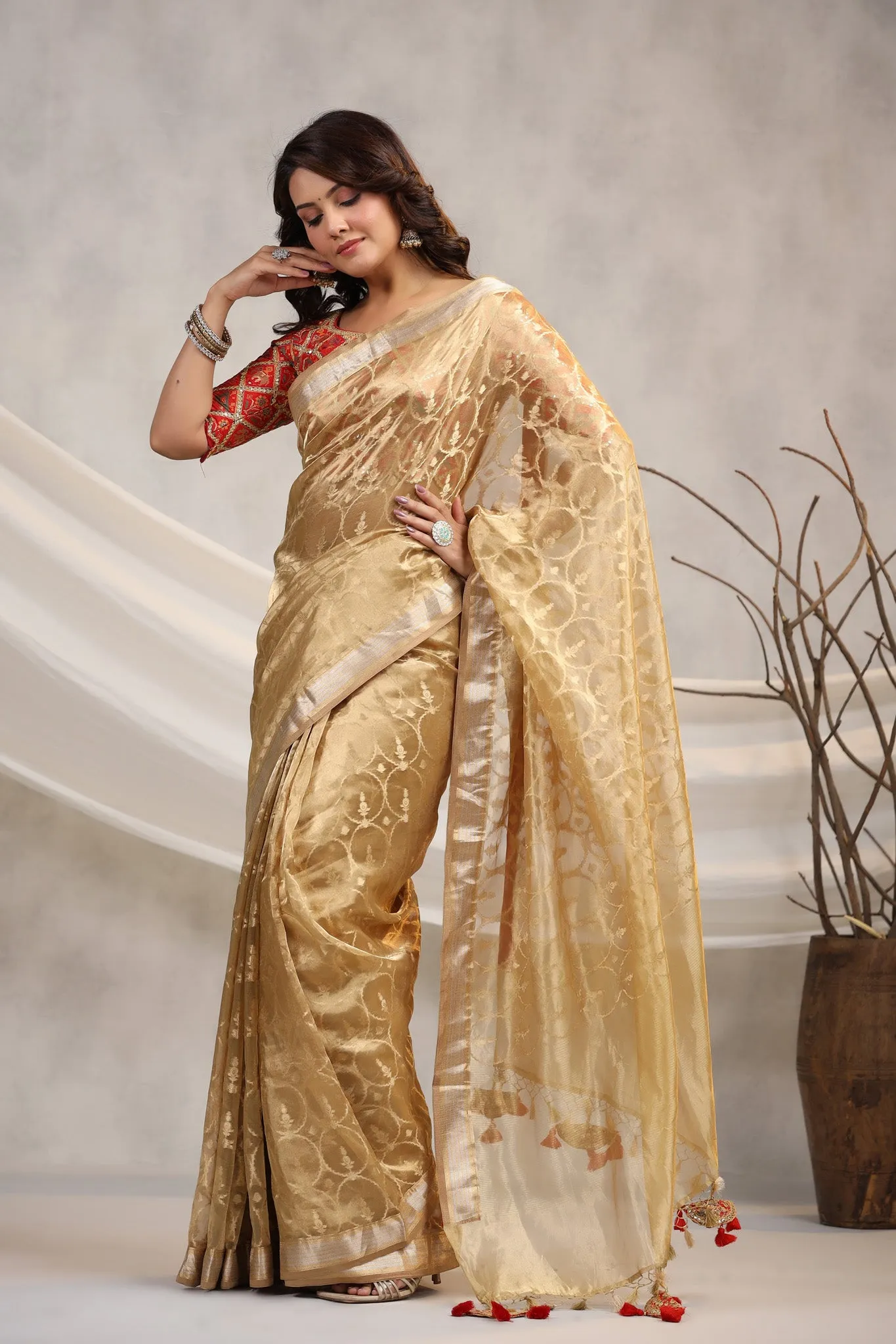 91Z197-RO Golden Silk Organza Saree with Red Saree Blouse