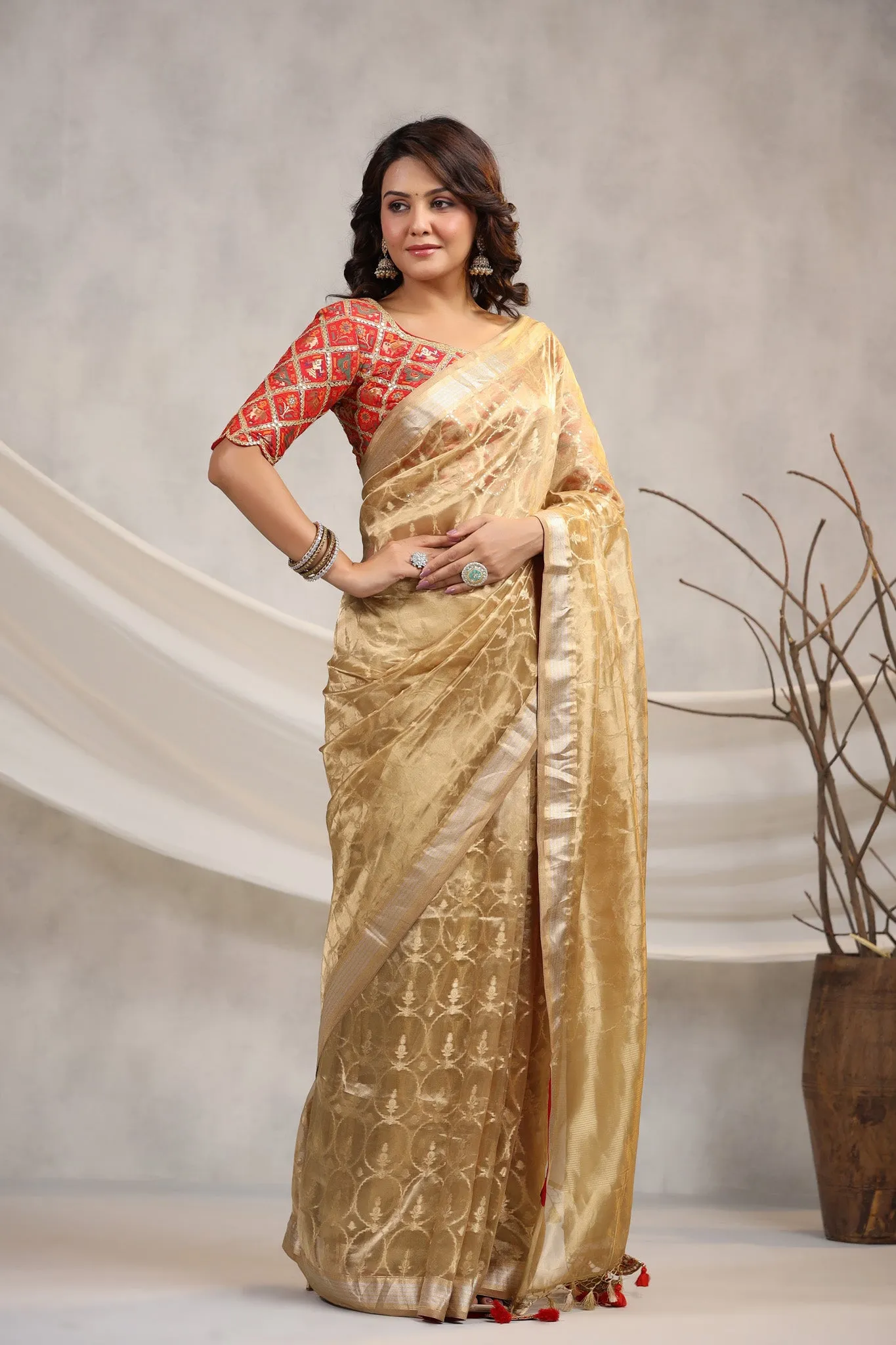 91Z197-RO Golden Silk Organza Saree with Red Saree Blouse