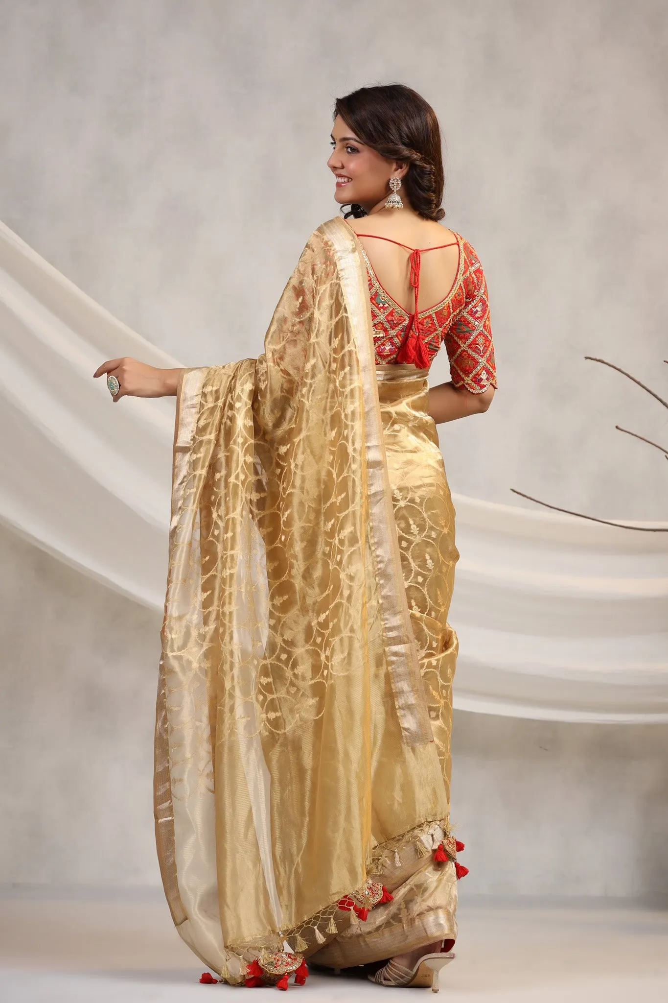 91Z197-RO Golden Silk Organza Saree with Red Saree Blouse