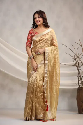 91Z197-RO Golden Silk Organza Saree with Red Saree Blouse