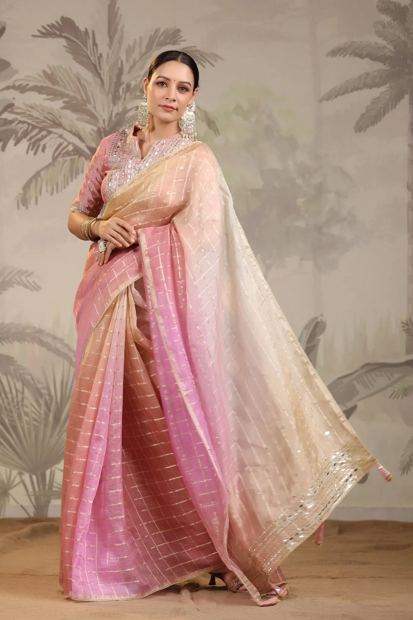 91Z240-RO Peach and Pink Embroidered Tissue Silk Sari with Blouse