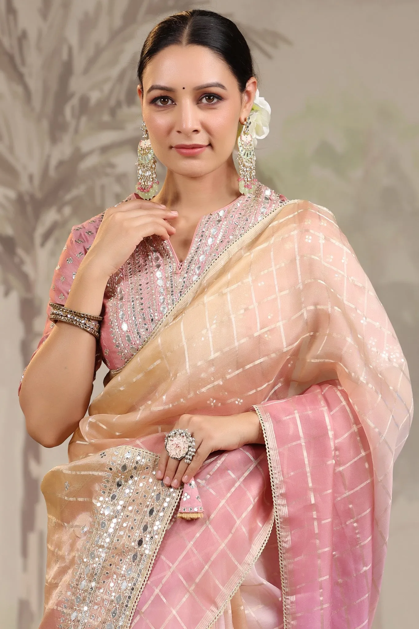 91Z240-RO Peach and Pink Embroidered Tissue Silk Sari with Blouse