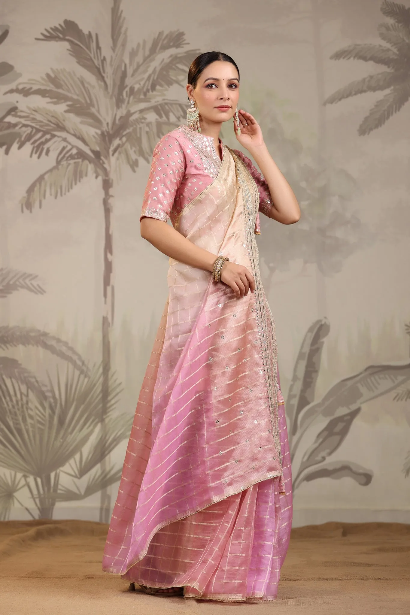 91Z240-RO Peach and Pink Embroidered Tissue Silk Sari with Blouse