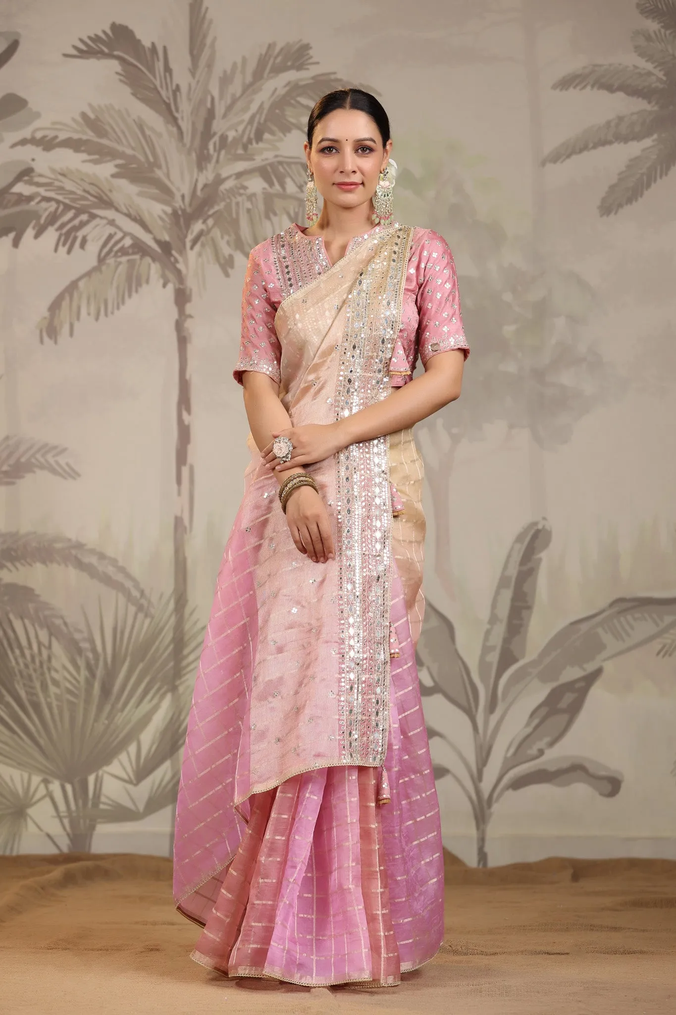 91Z240-RO Peach and Pink Embroidered Tissue Silk Sari with Blouse