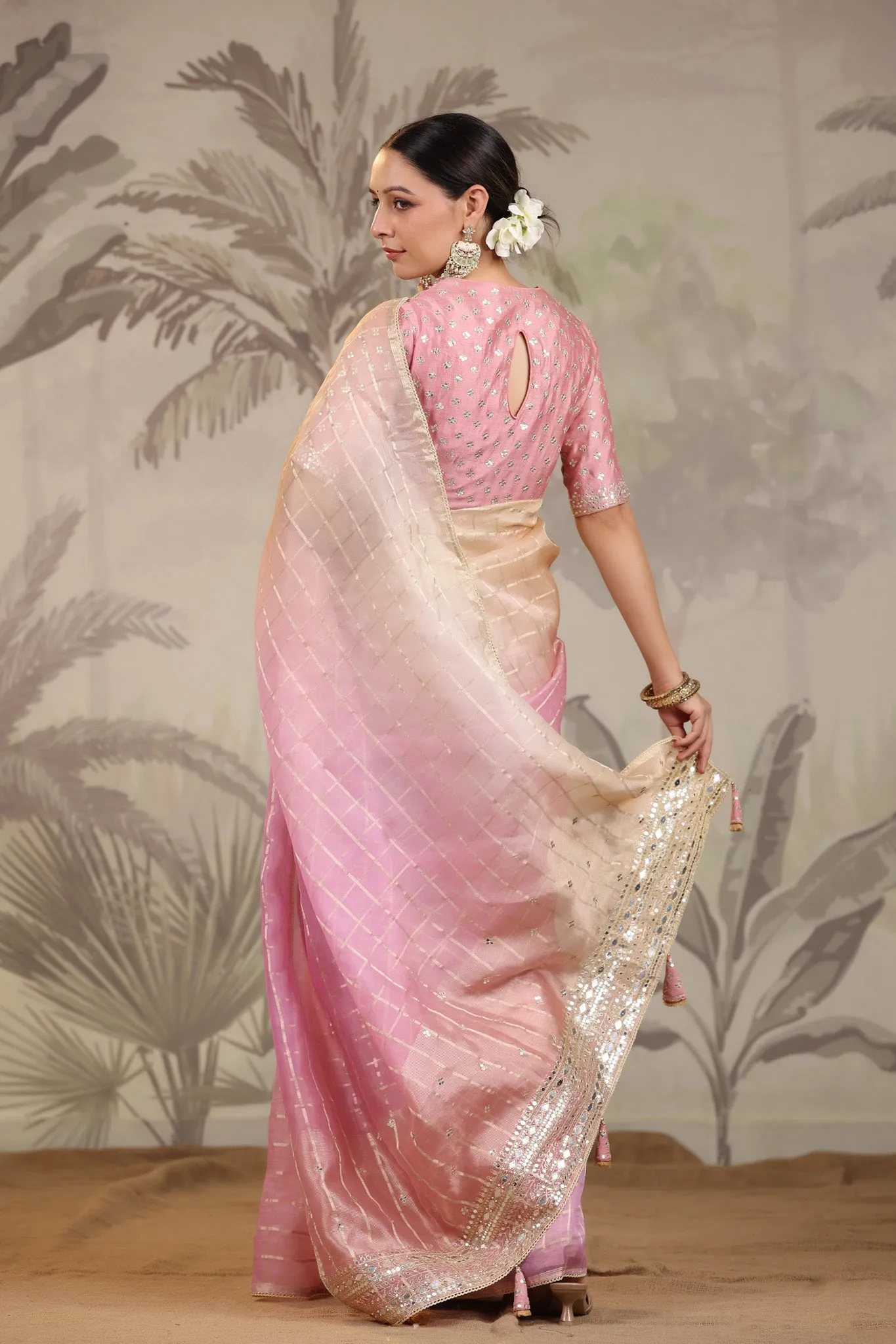 91Z240-RO Peach and Pink Embroidered Tissue Silk Sari with Blouse