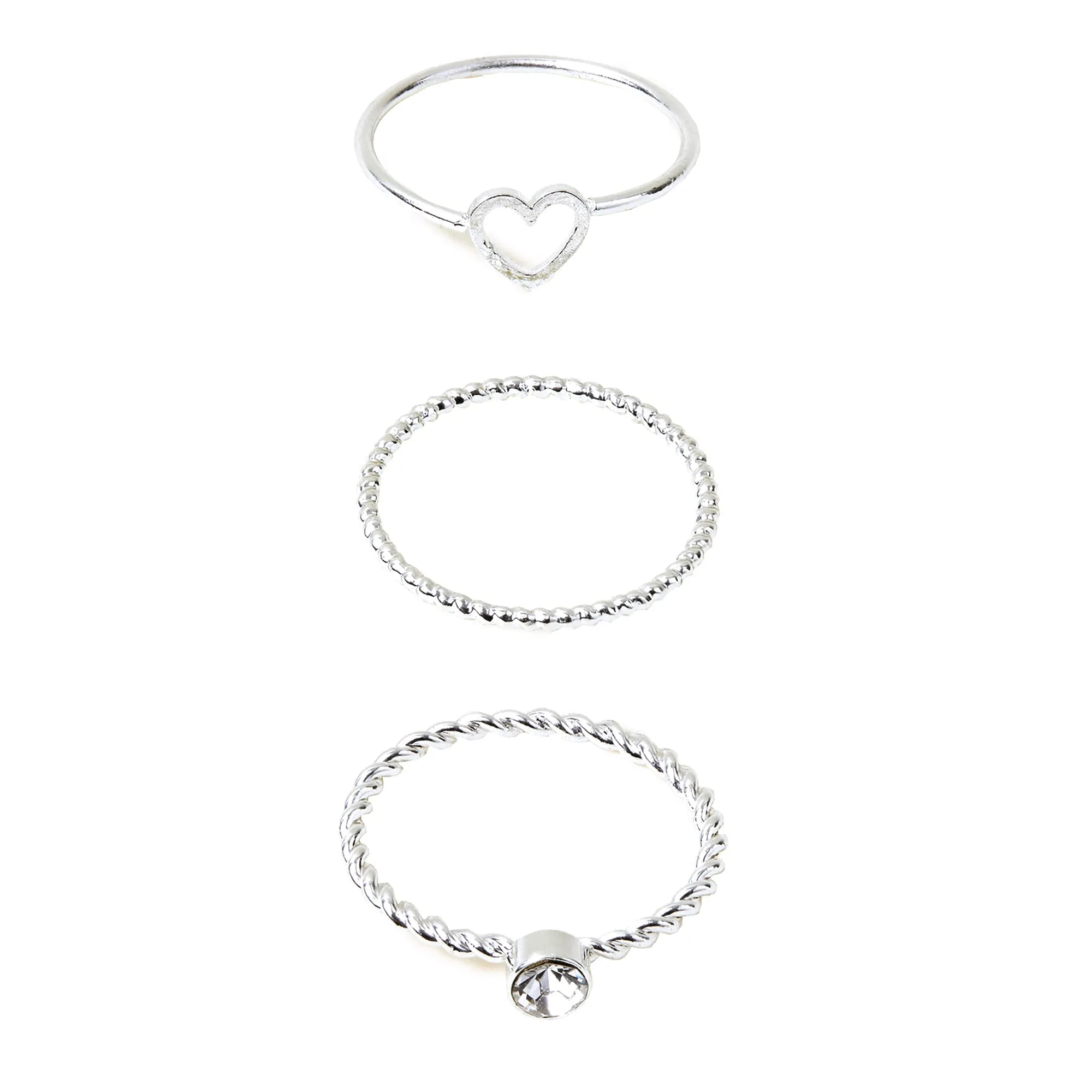 Accessorize London Women's Heart Gem Rings Silver Pack Of Three-Medium