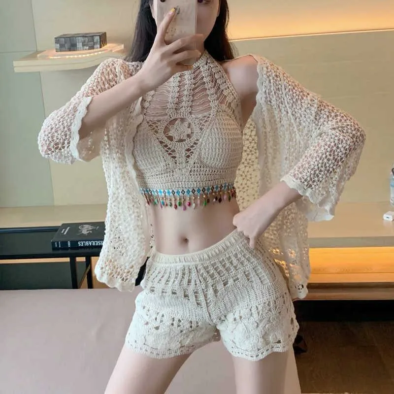 Austin Crochet Blouse With Shorts And Cape Set