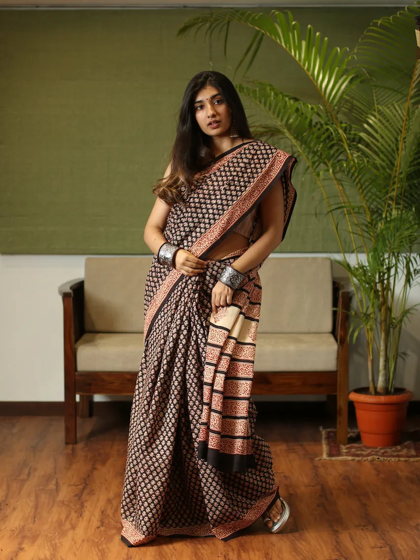 Bagru Cotton Hand block printed black saree