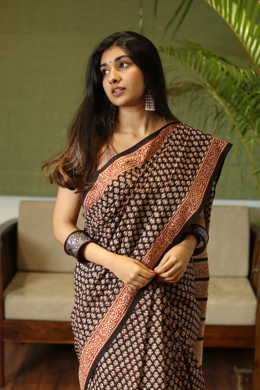 Bagru Cotton Hand block printed black saree