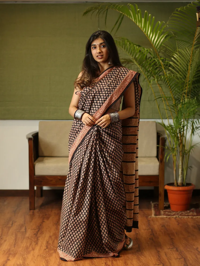 Bagru Cotton Hand block printed black saree