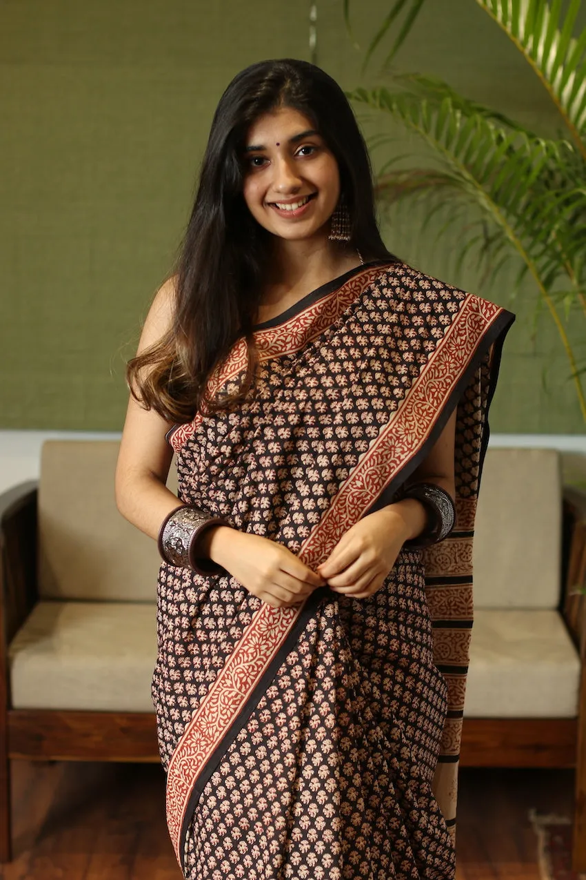 Bagru Cotton Hand block printed black saree