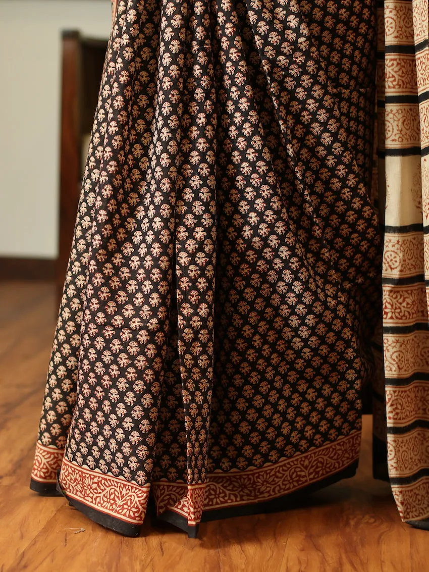 Bagru Cotton Hand block printed black saree