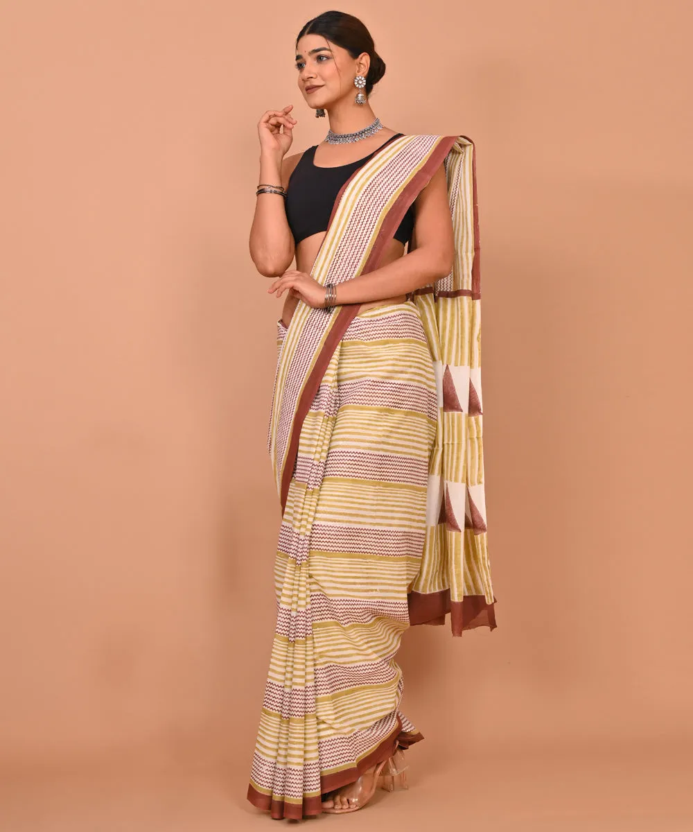 Beige brown hand printed bagru cotton saree