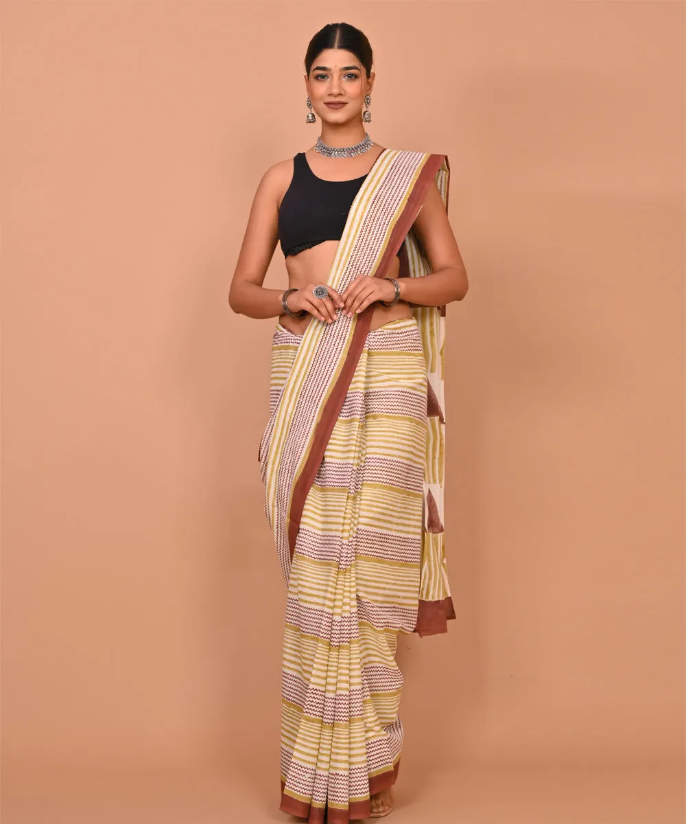 Beige brown hand printed bagru cotton saree