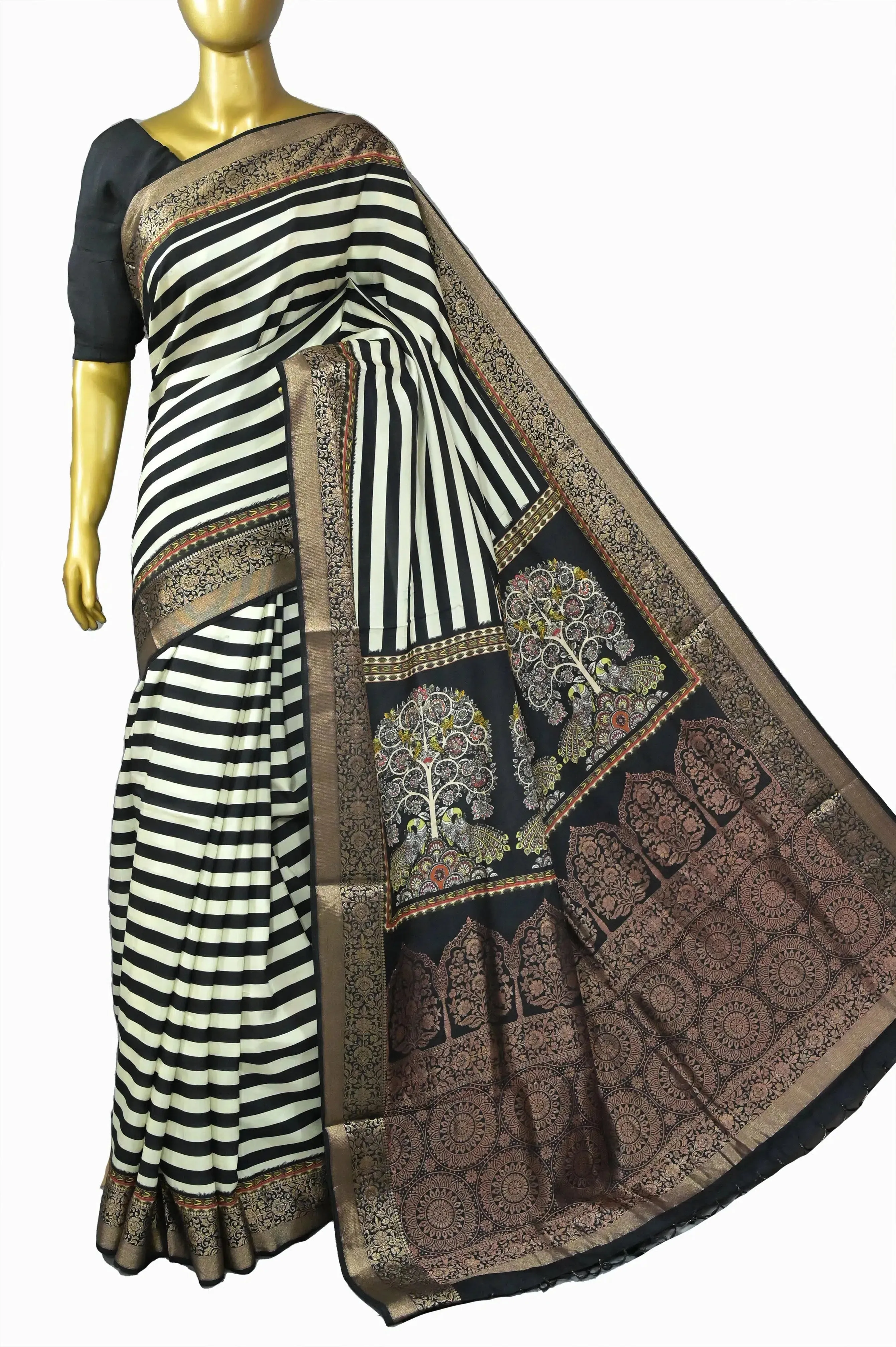 Black and White Stripe Dola Silk Saree with Zari Weaving