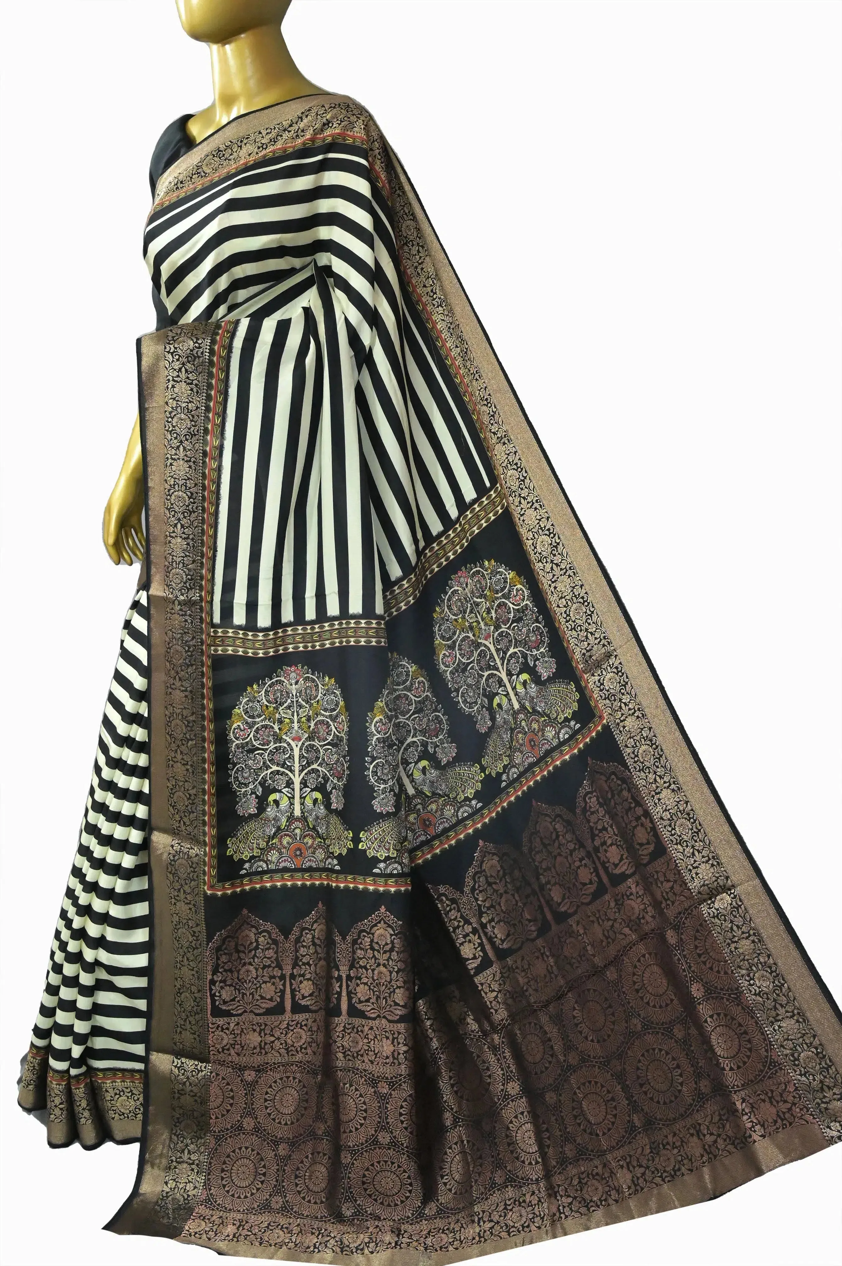 Black and White Stripe Dola Silk Saree with Zari Weaving