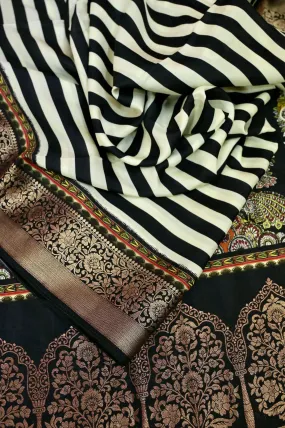 Black and White Stripe Dola Silk Saree with Zari Weaving