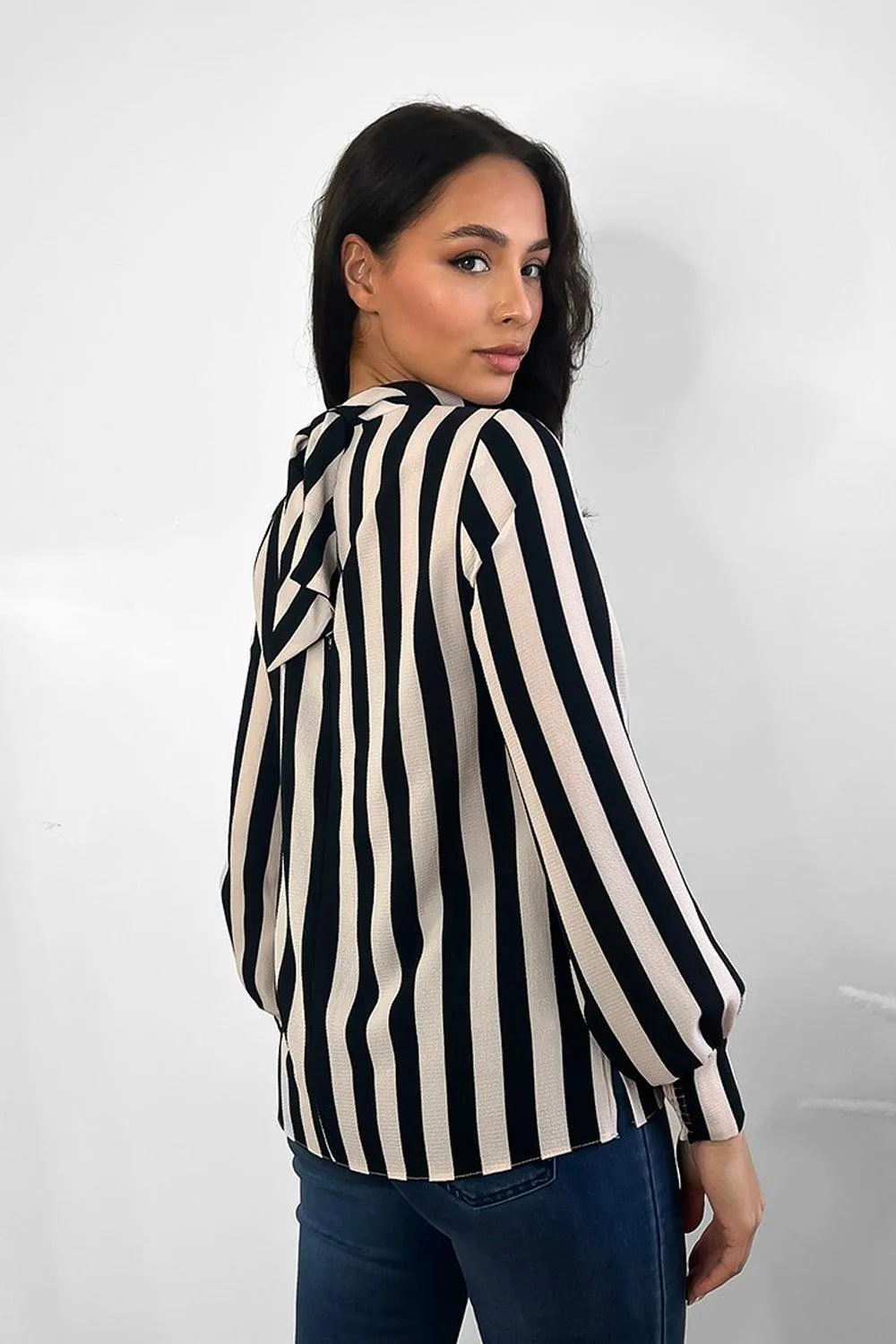 Black Beige Stripe High Neck Blouse