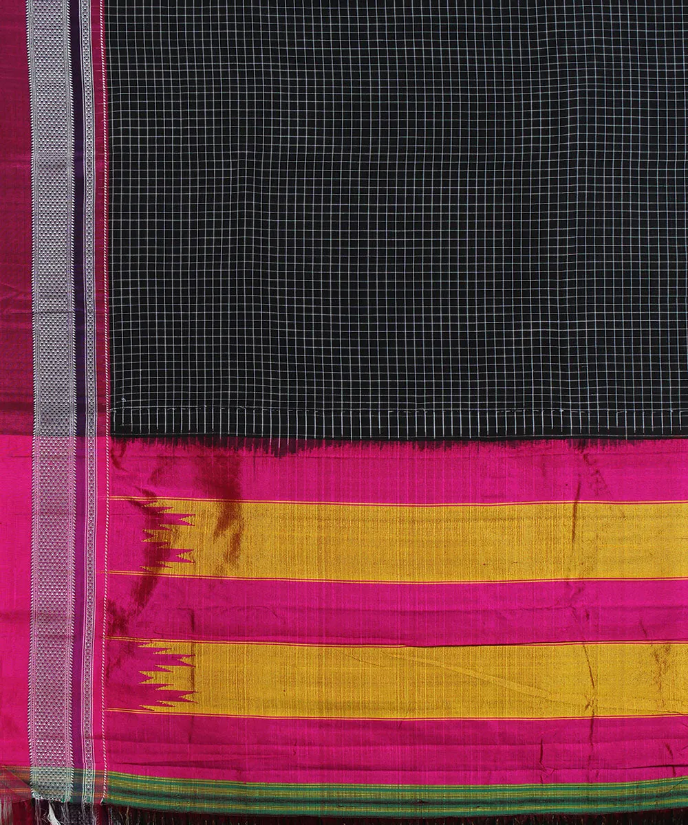 Black check pink chikki paras border handwoven ilkal cotton silk saree