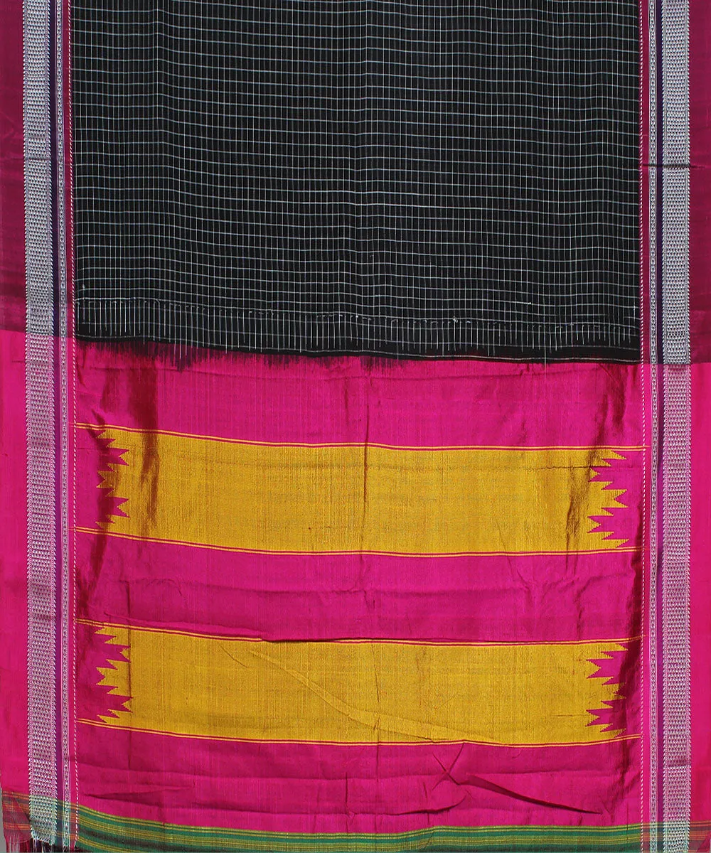 Black check pink chikki paras border handwoven ilkal cotton silk saree