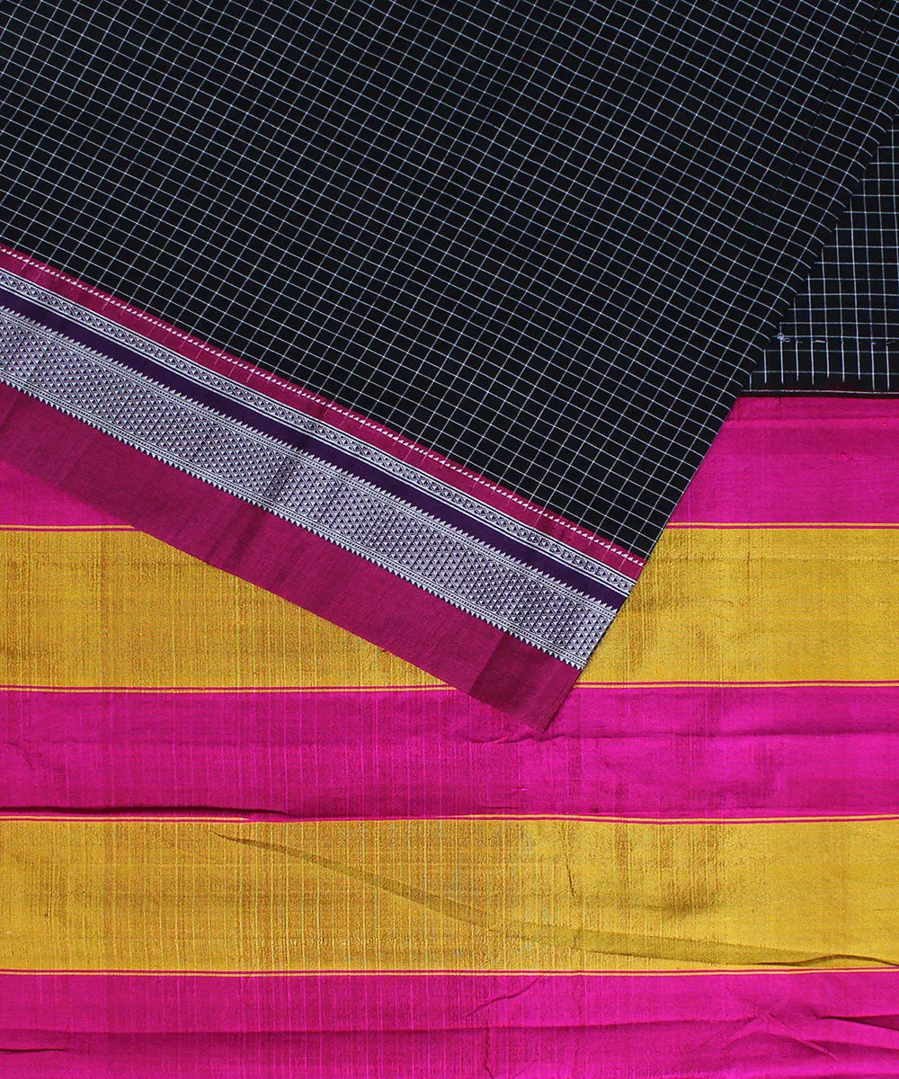 Black check pink chikki paras border handwoven ilkal cotton silk saree