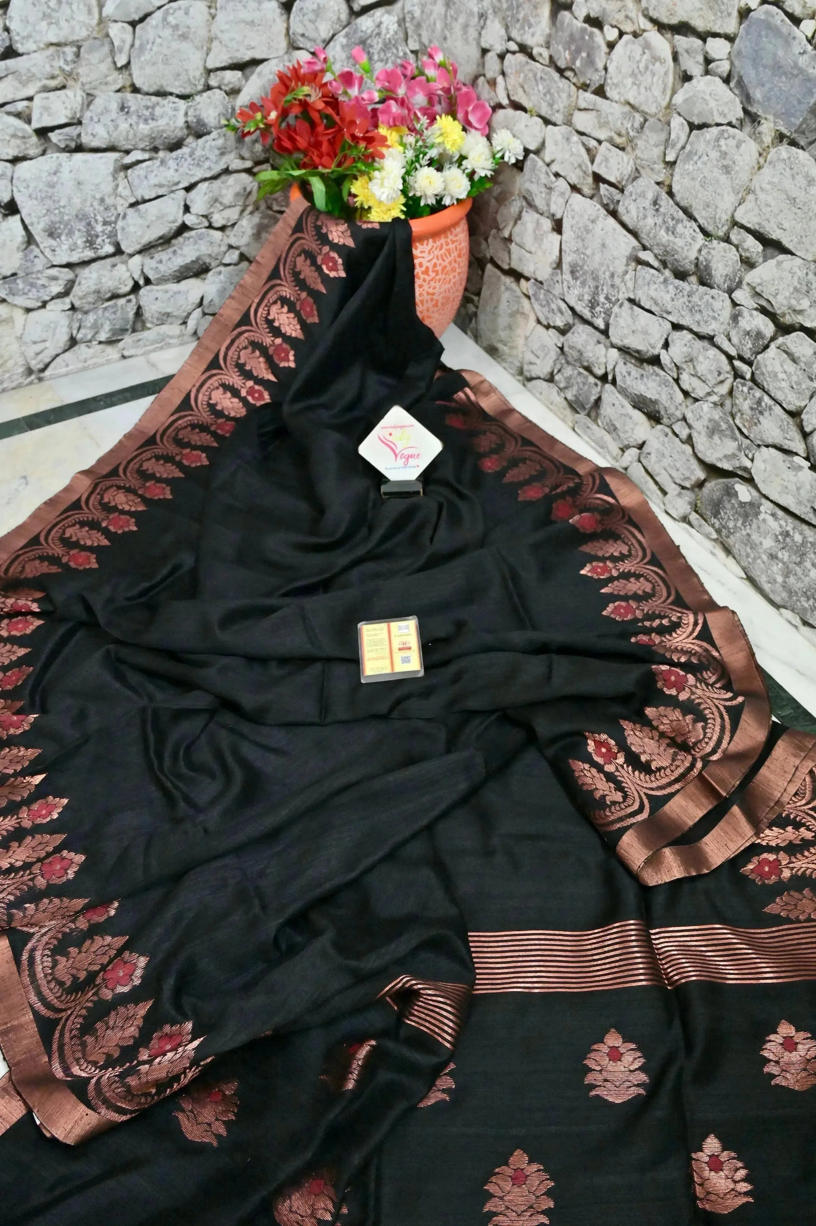 Black Color Pure Matka Saree with Copper Zari Border and Allover Meenakari Work