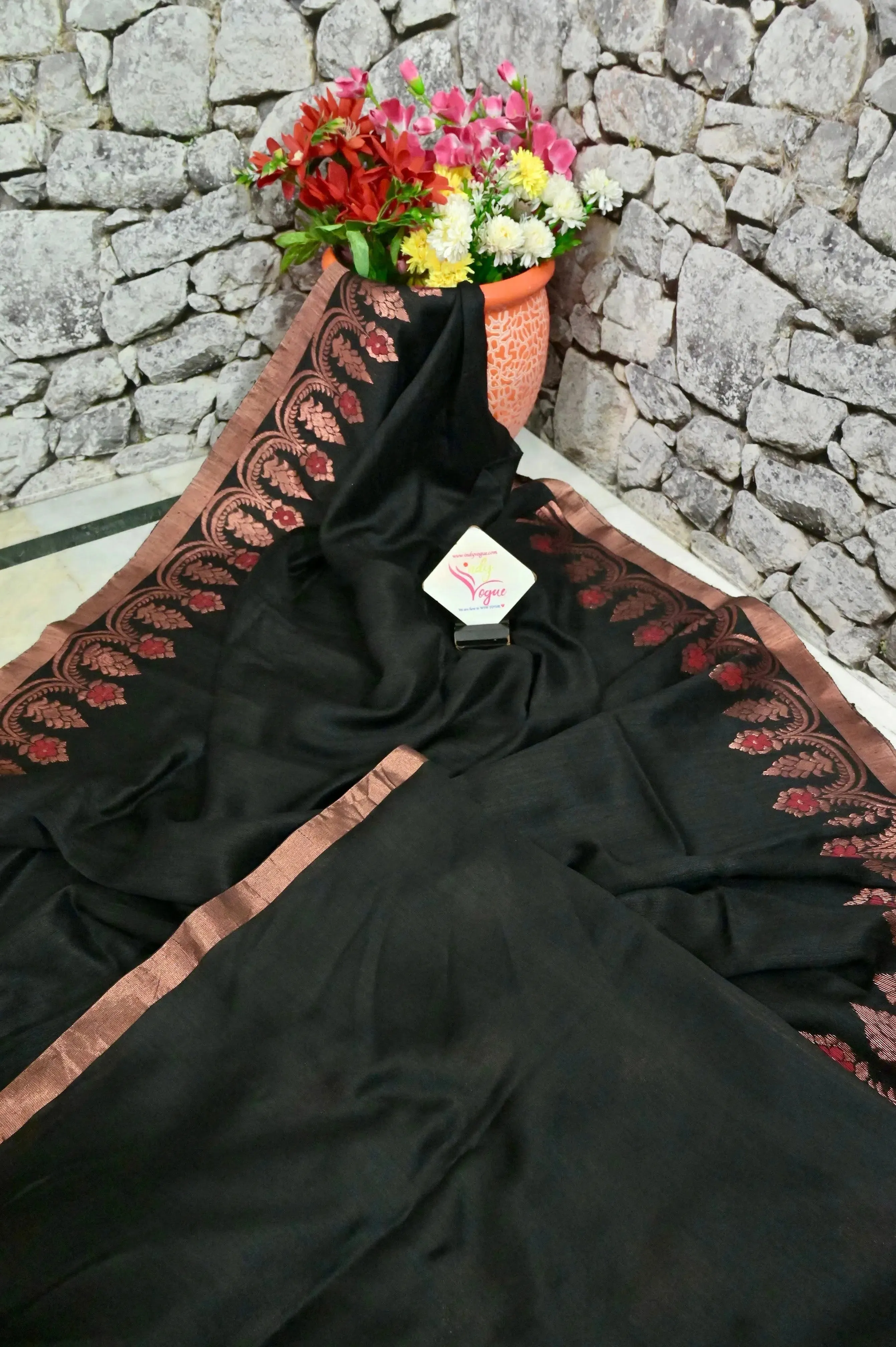 Black Color Pure Matka Saree with Copper Zari Border and Allover Meenakari Work