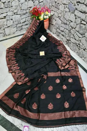 Black Color Pure Matka Saree with Copper Zari Border and Allover Meenakari Work