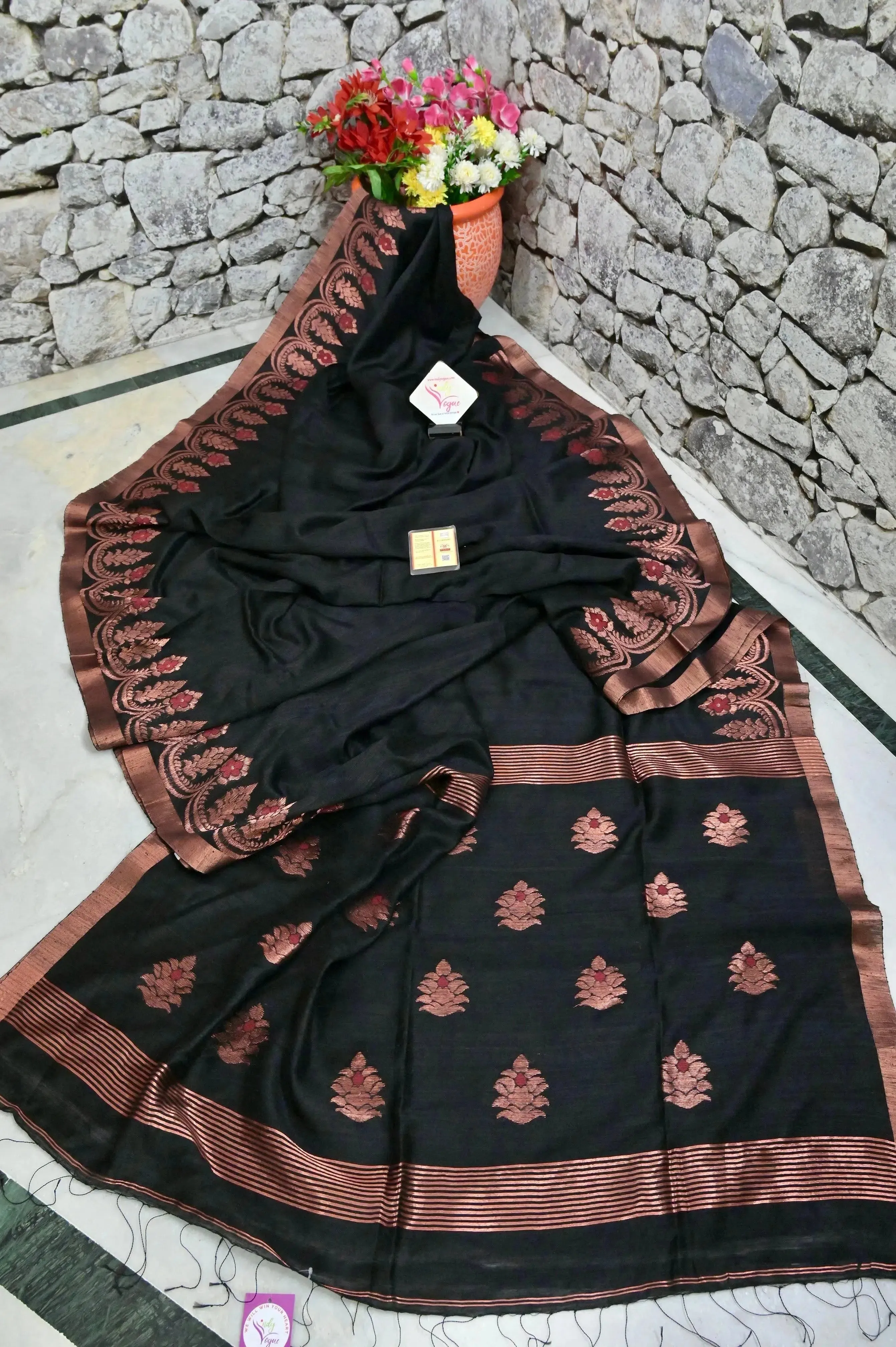 Black Color Pure Matka Saree with Copper Zari Border and Allover Meenakari Work