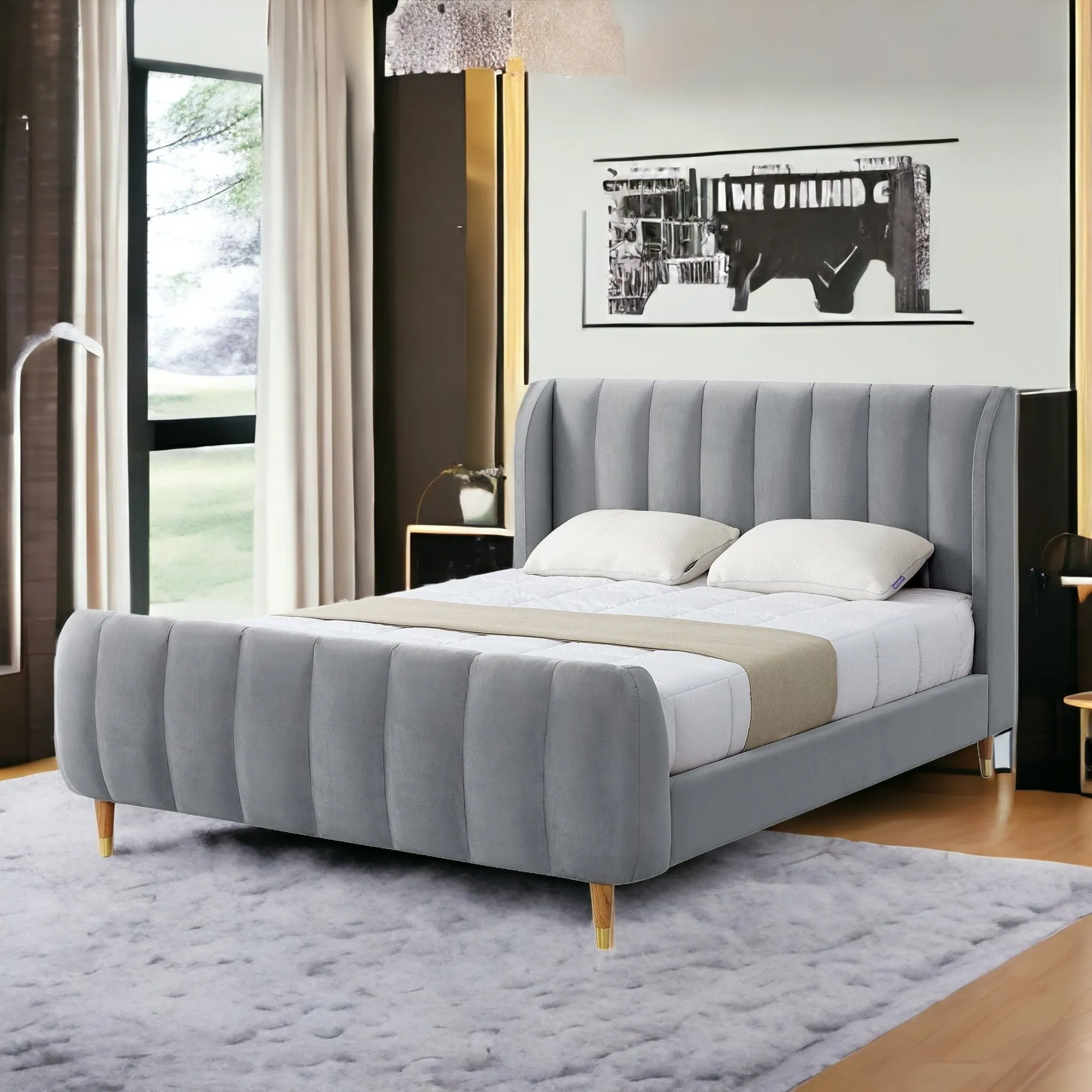 Black Solid Wood King Tufted Upholstered Velvet Bed