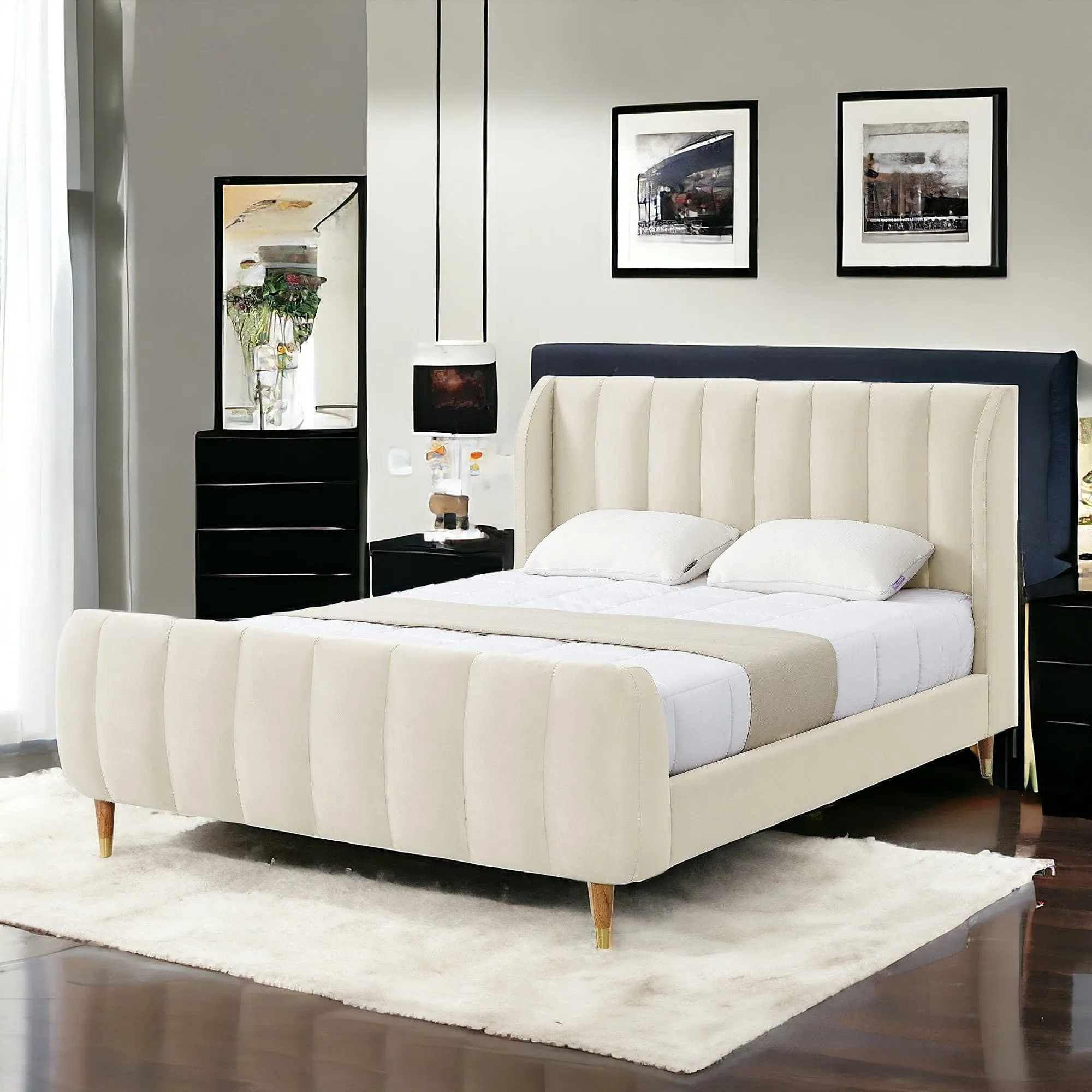 Black Solid Wood King Tufted Upholstered Velvet Bed