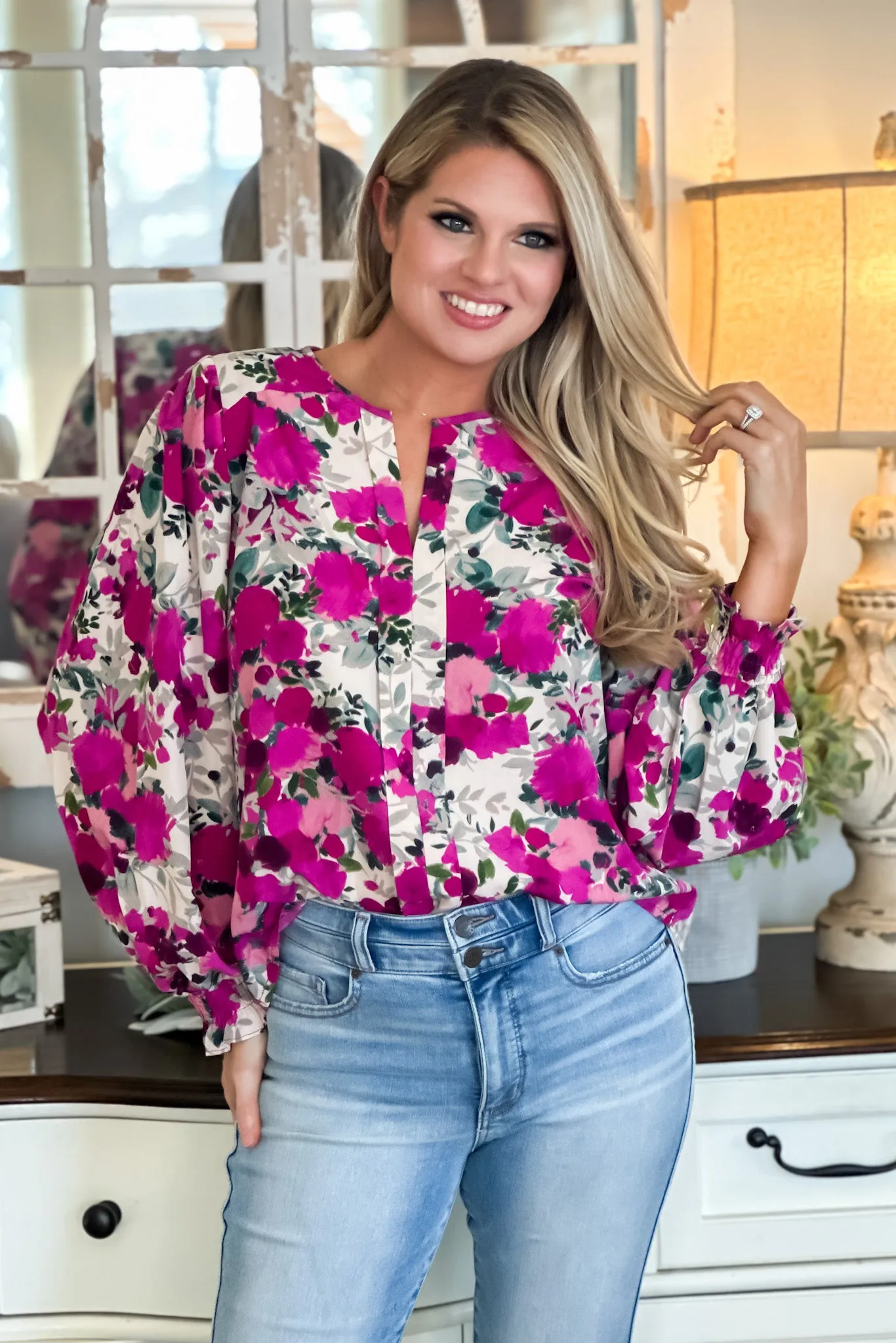 Blossoming Love Balloon Long Sleeve Blouse : Magenta/Floral