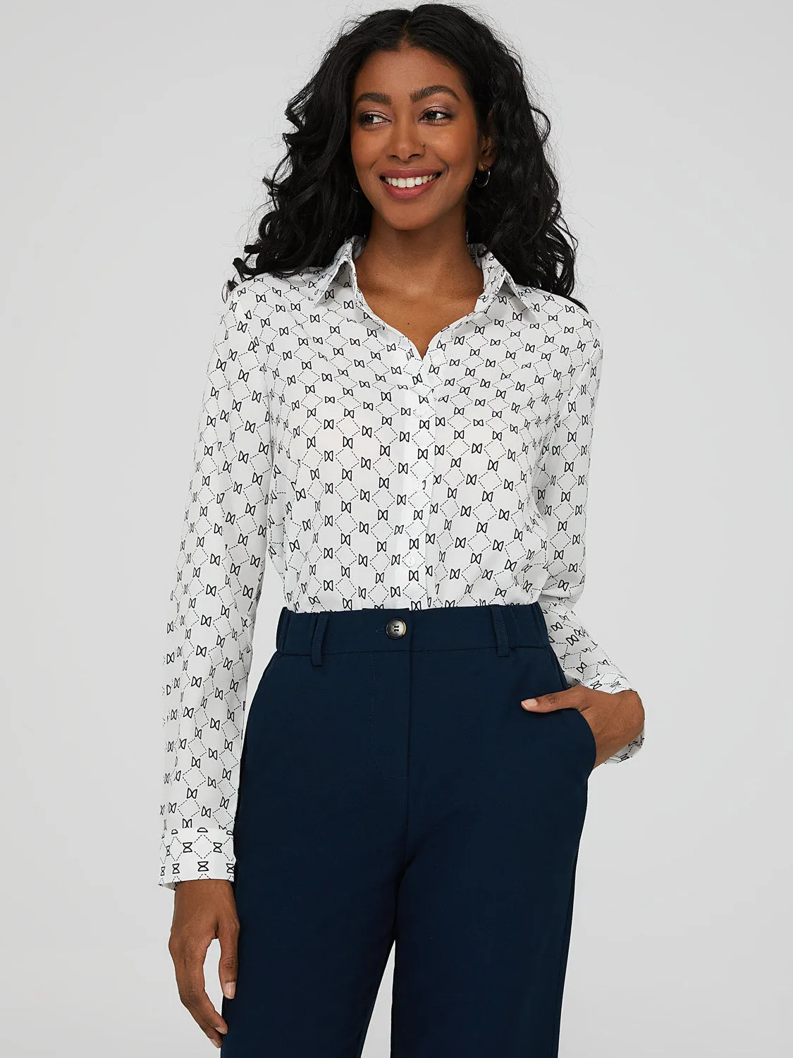 Button Down Blouse With Notch Collar