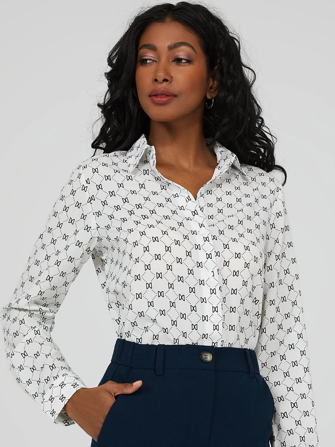 Button Down Blouse With Notch Collar