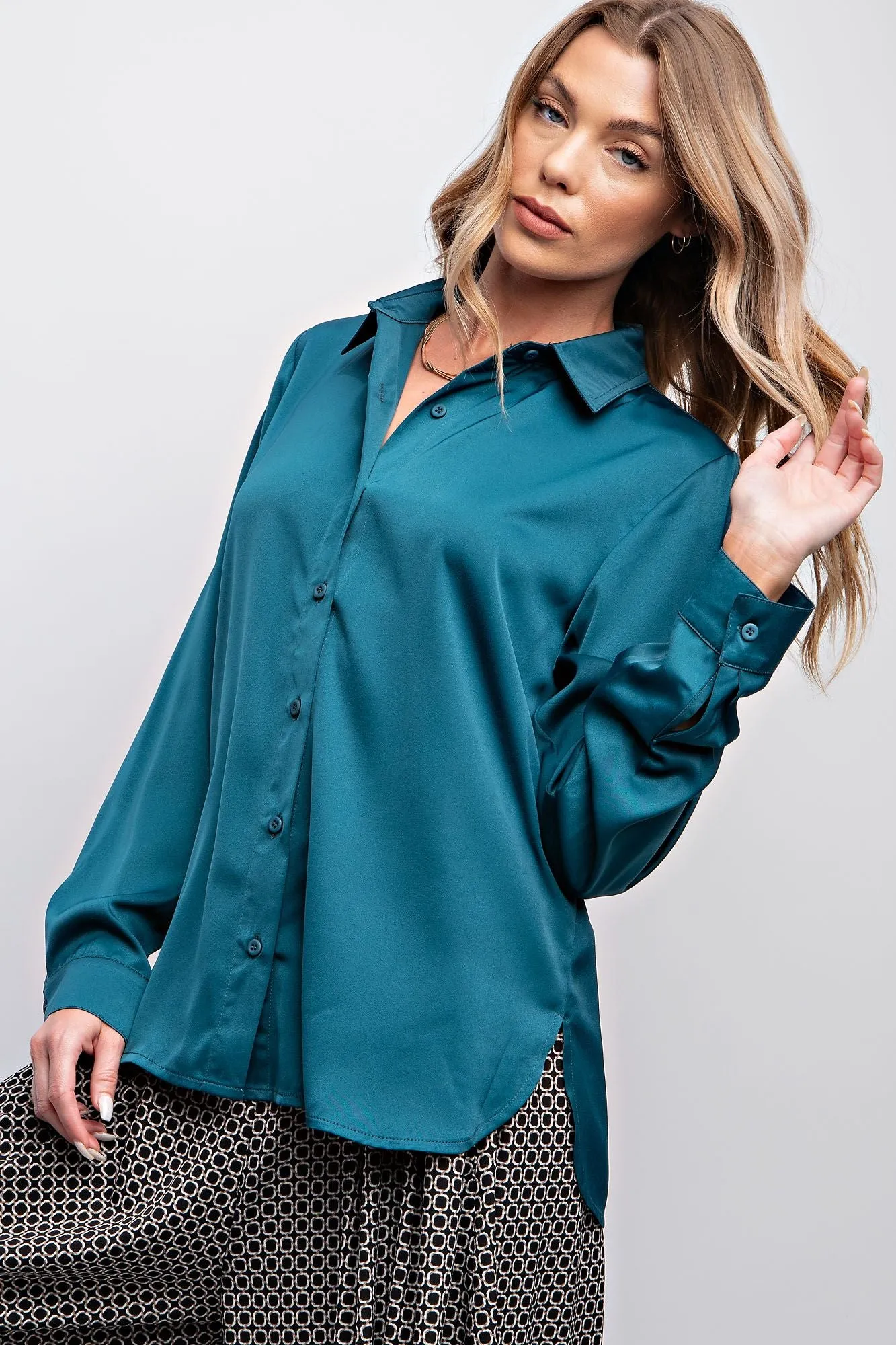 BUTTON DOWN SATIN BLOUSE SHIRT -(2colors)