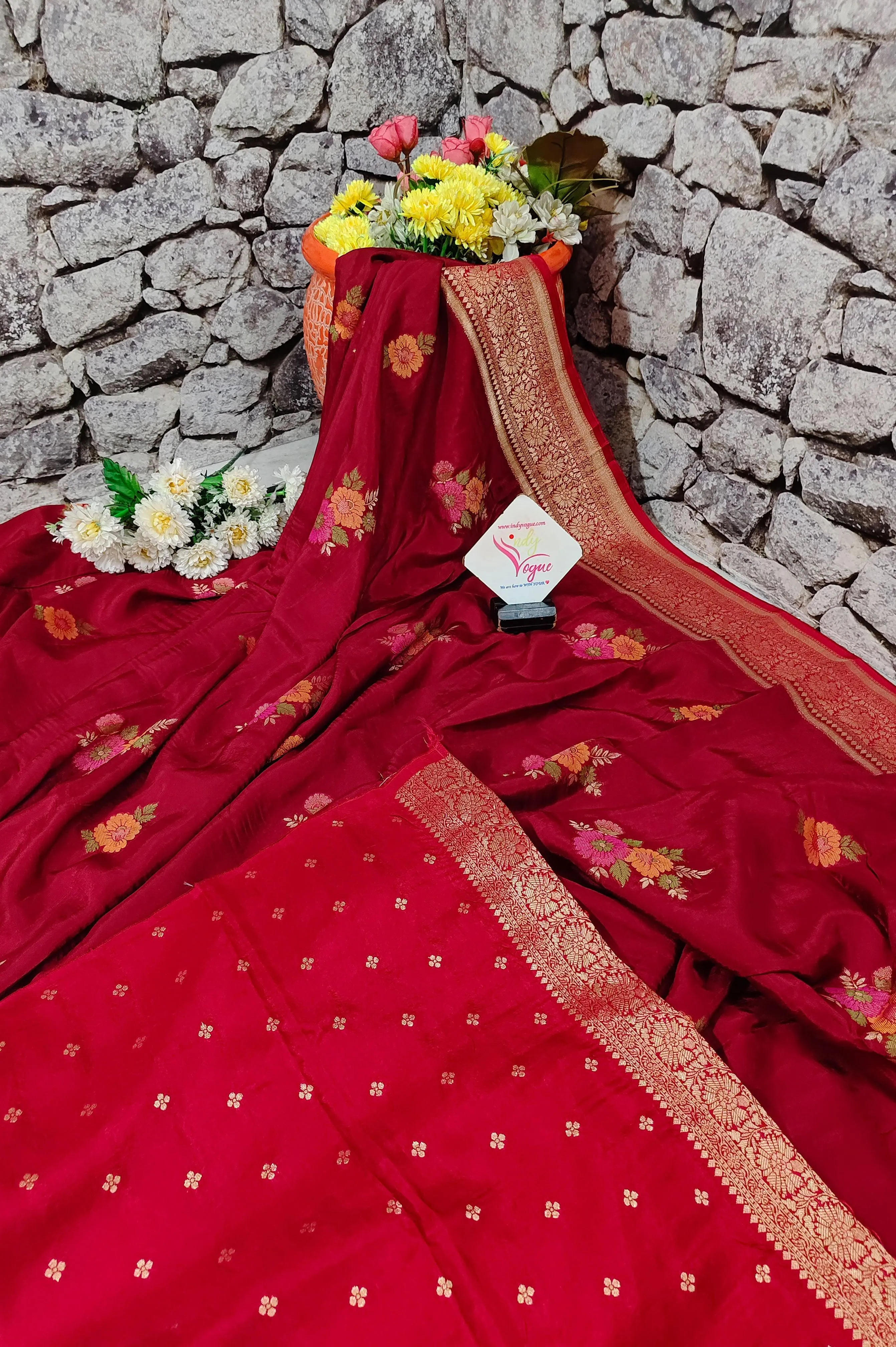 Carmine Red Color Muga Banarasi Silk Saree with Floral Work