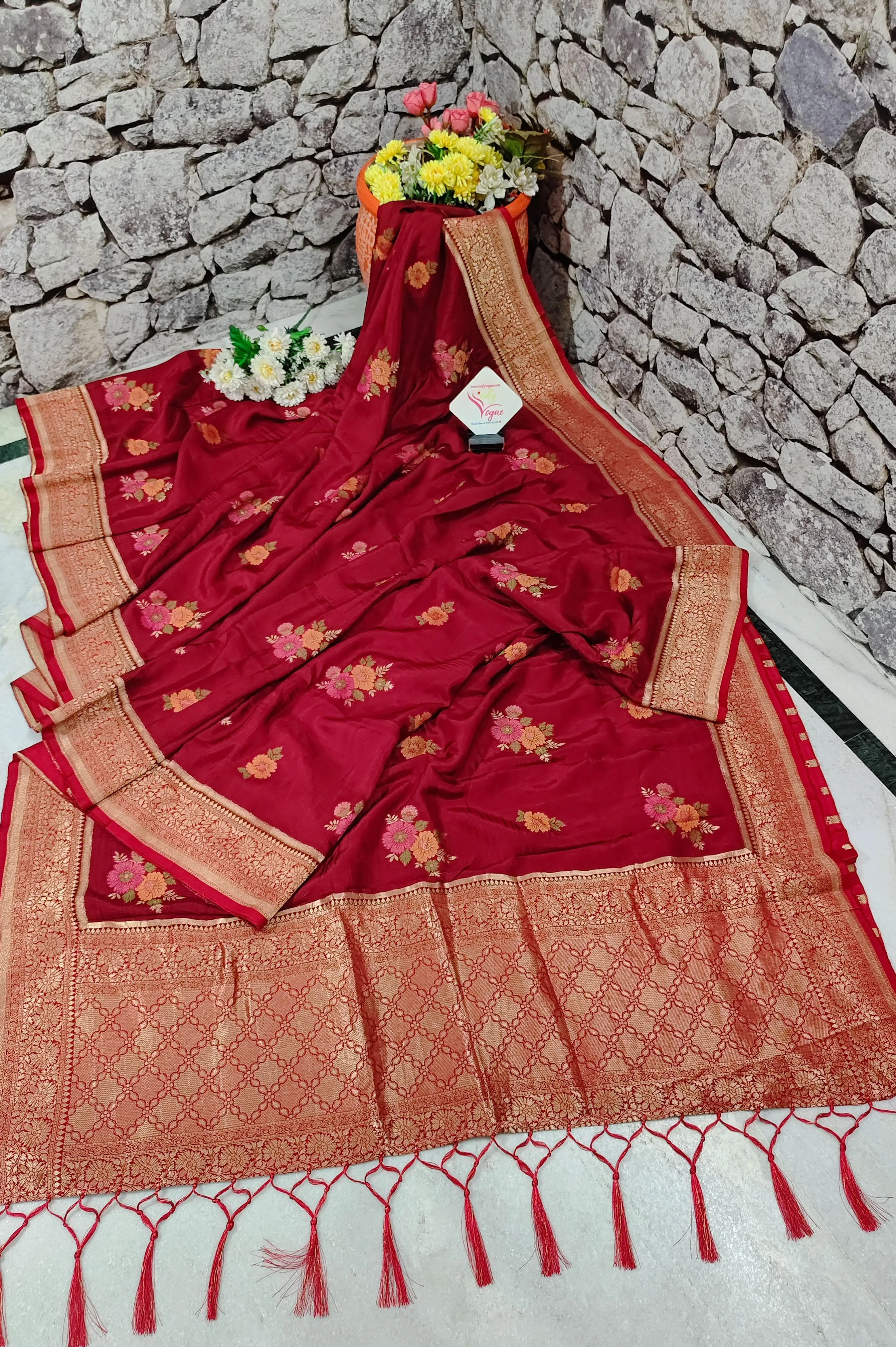 Carmine Red Color Muga Banarasi Silk Saree with Floral Work