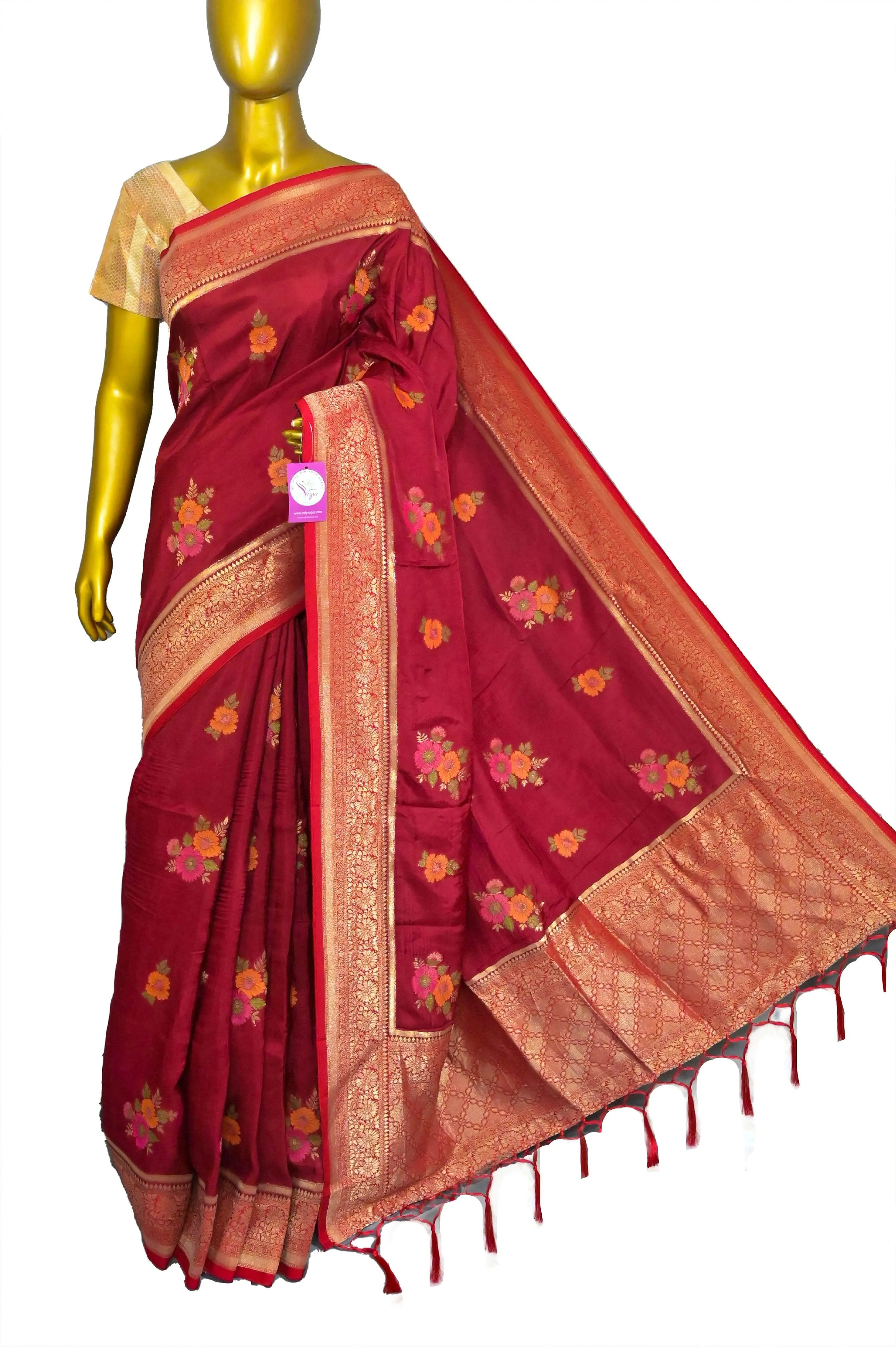 Carmine Red Color Muga Banarasi Silk Saree with Floral Work