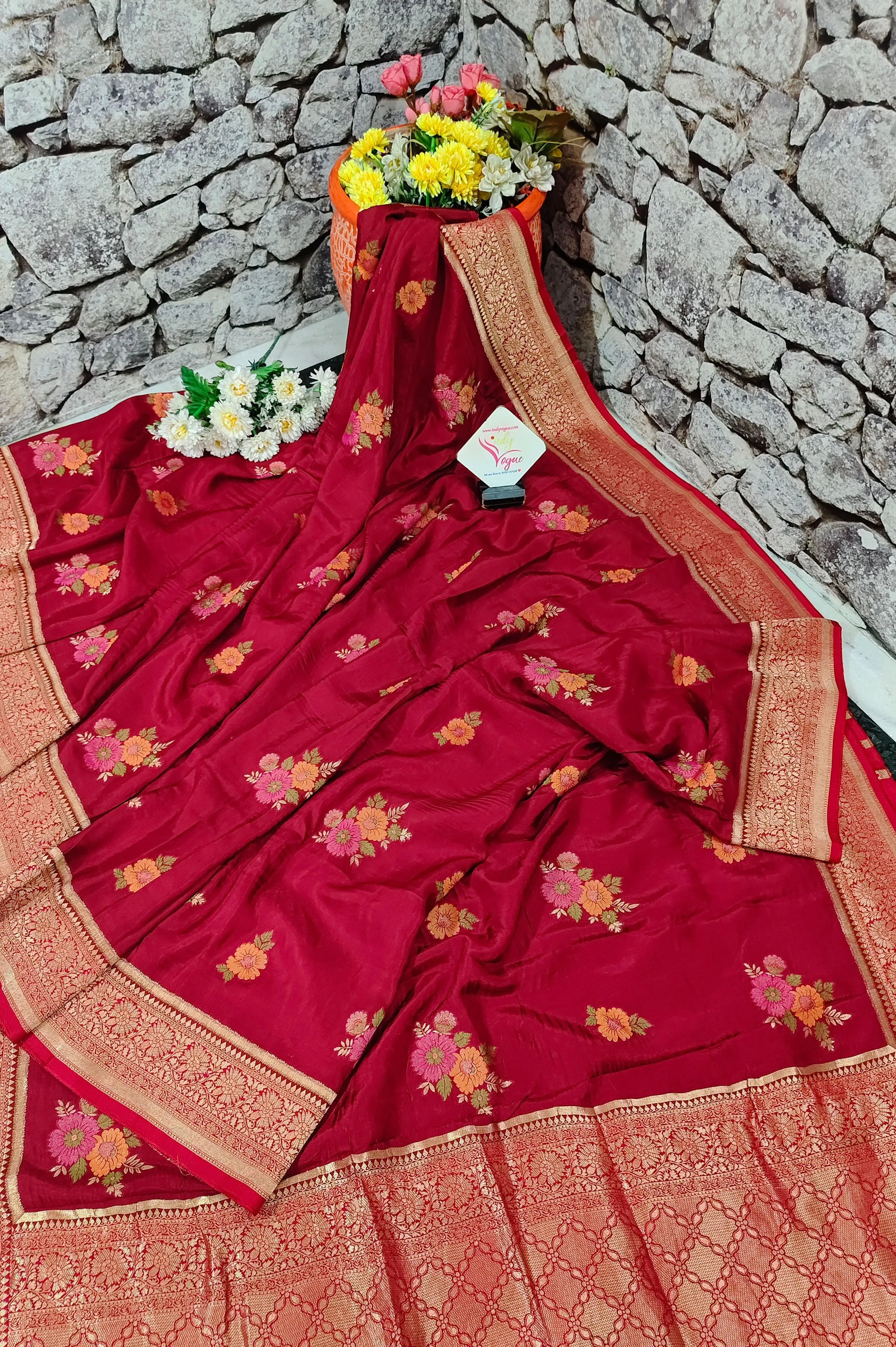 Carmine Red Color Muga Banarasi Silk Saree with Floral Work