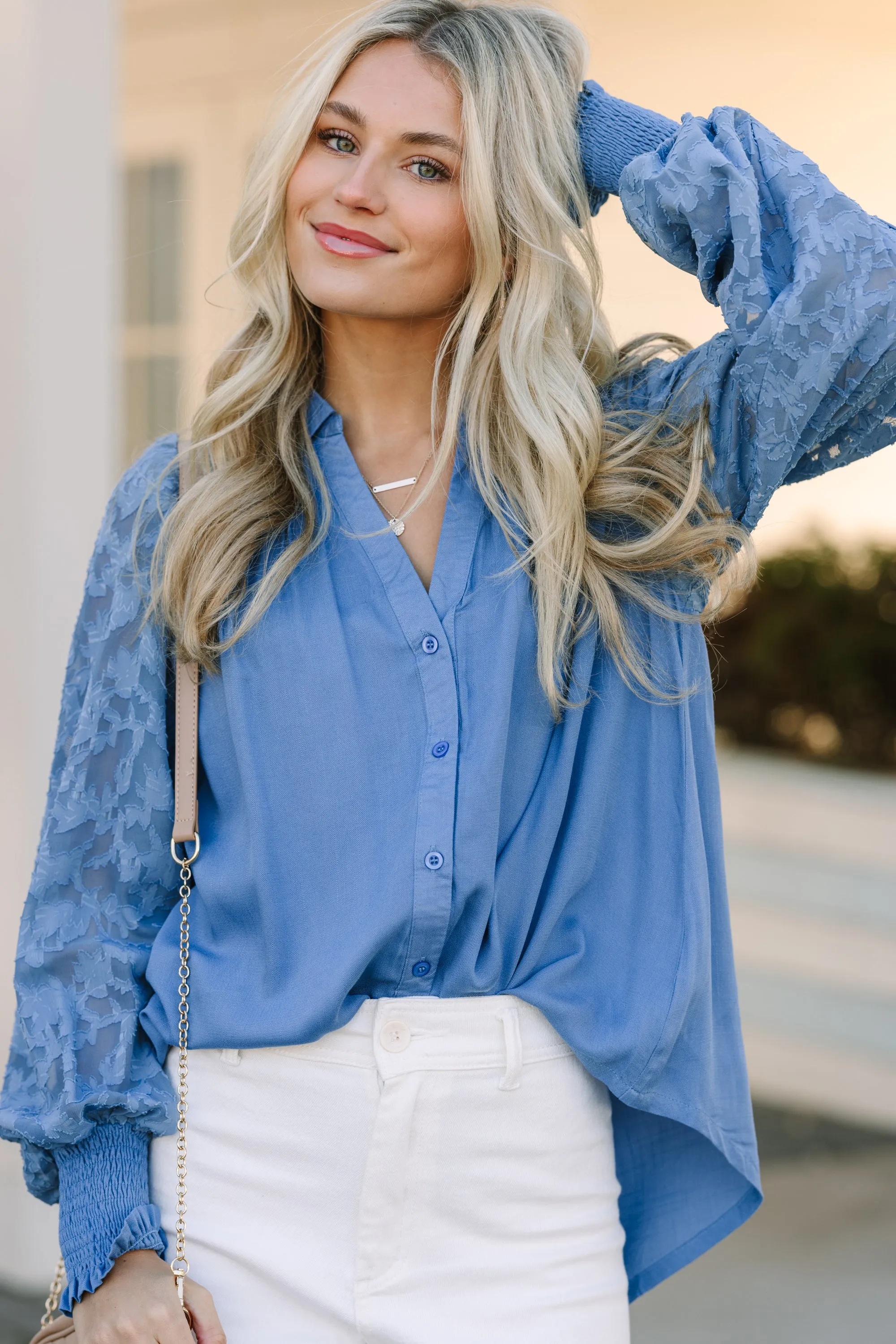 Certain Love Dusty Blue Lace Sleeve Blouse