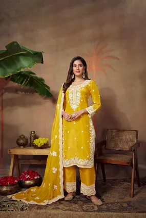 Classic Yellow Embroidered Premium Silk Pants Set