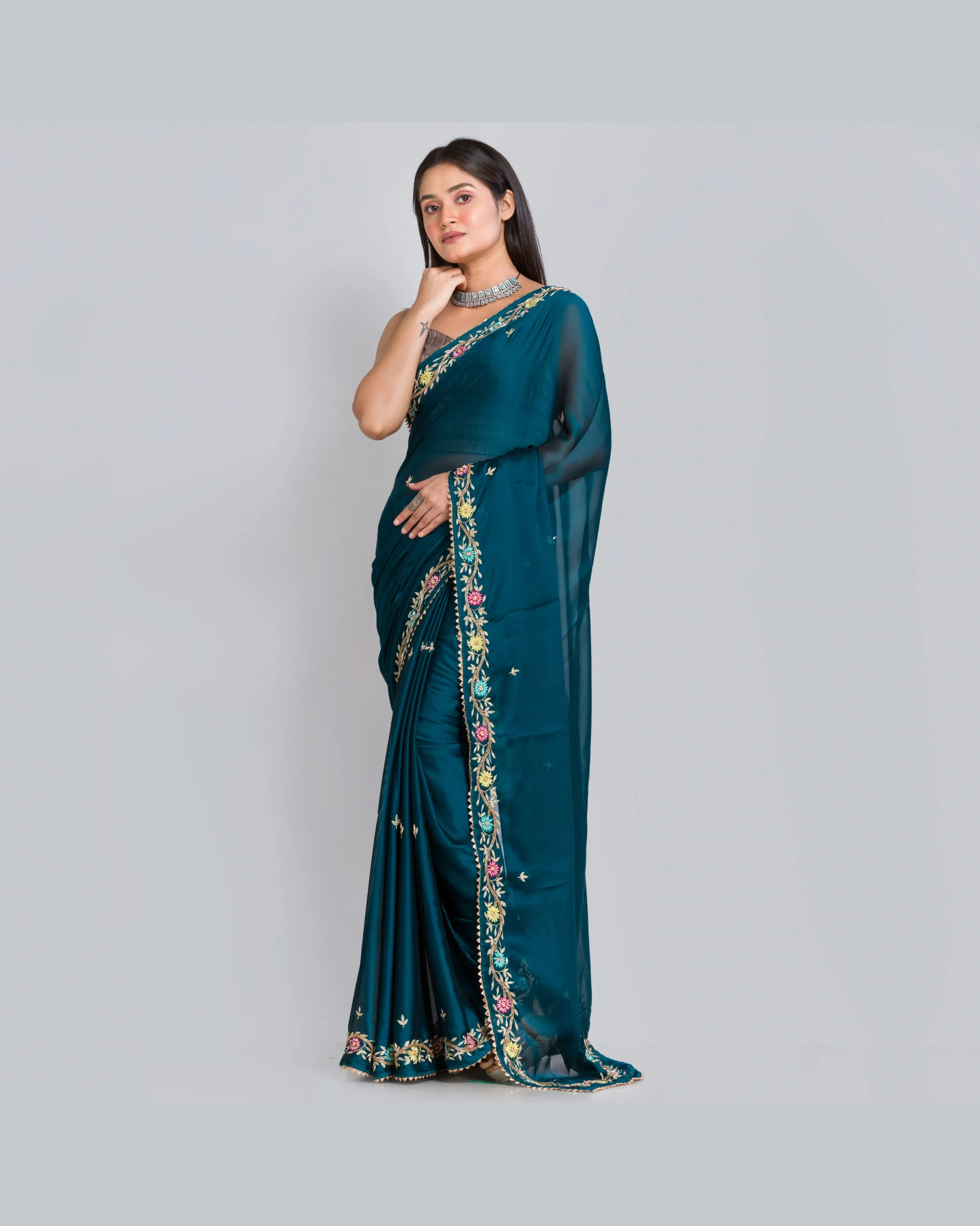 Cobalt Blue Georgette Silk Zardosi Minakari Saree