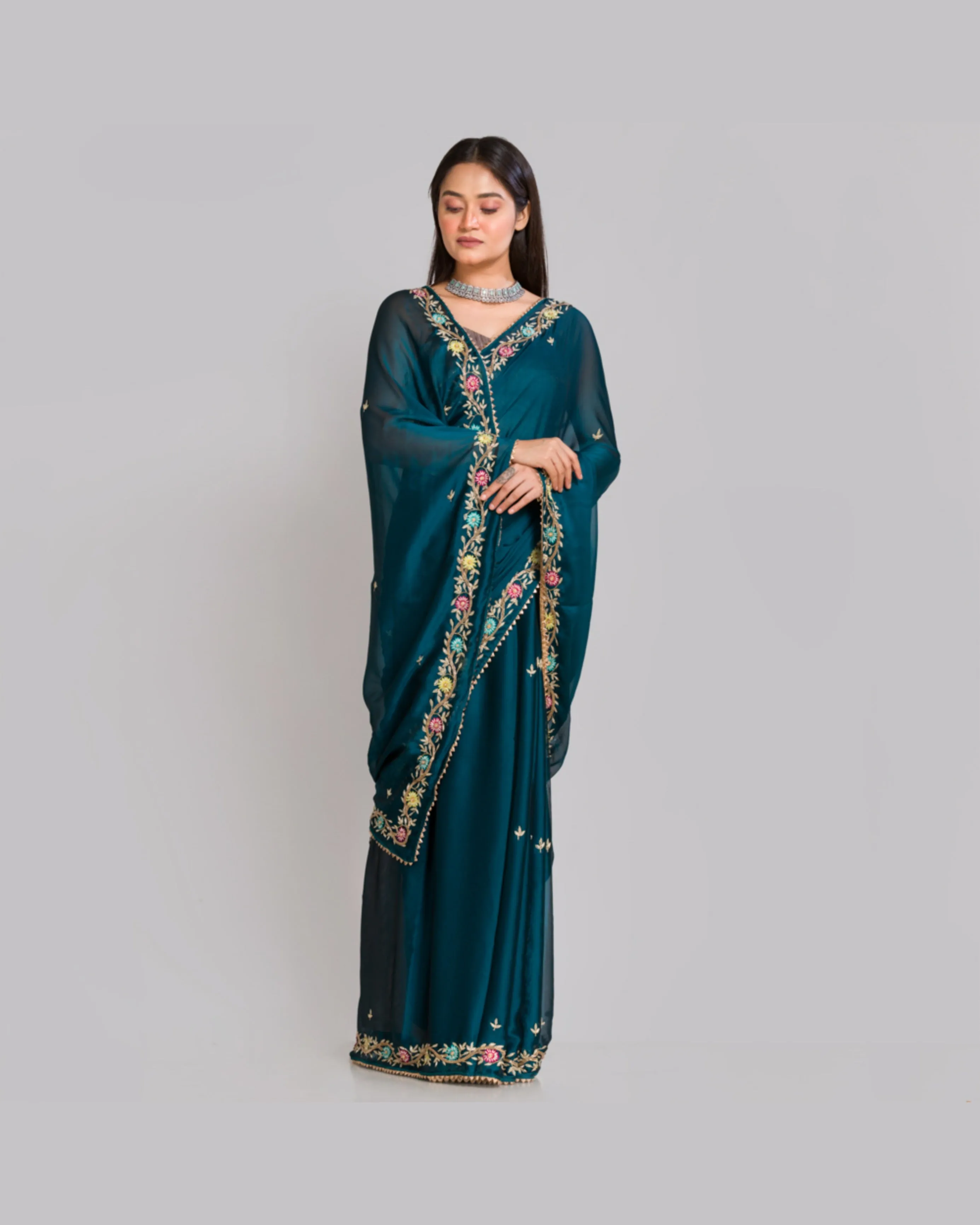 Cobalt Blue Georgette Silk Zardosi Minakari Saree