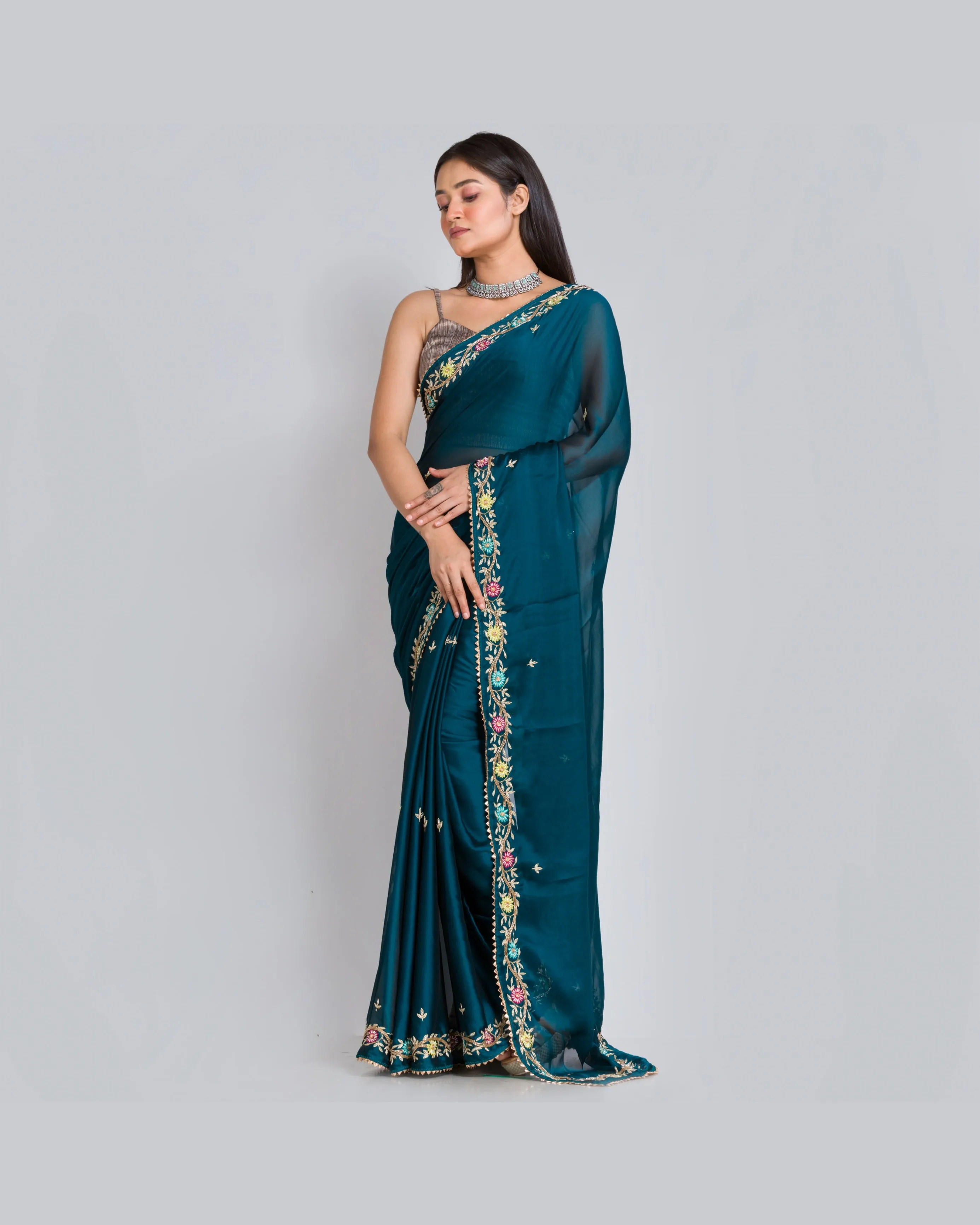 Cobalt Blue Georgette Silk Zardosi Minakari Saree