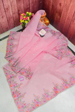 Cotton Pink Color Organza Saree with Floral Machine Embroidery