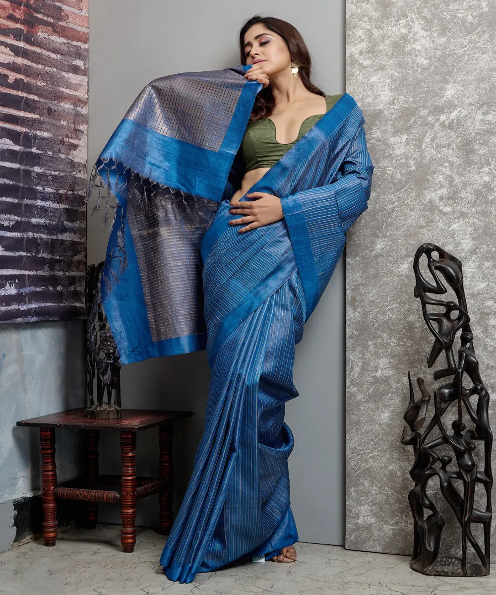 Cyan blue handloom chhatisgarh tussar silk saree